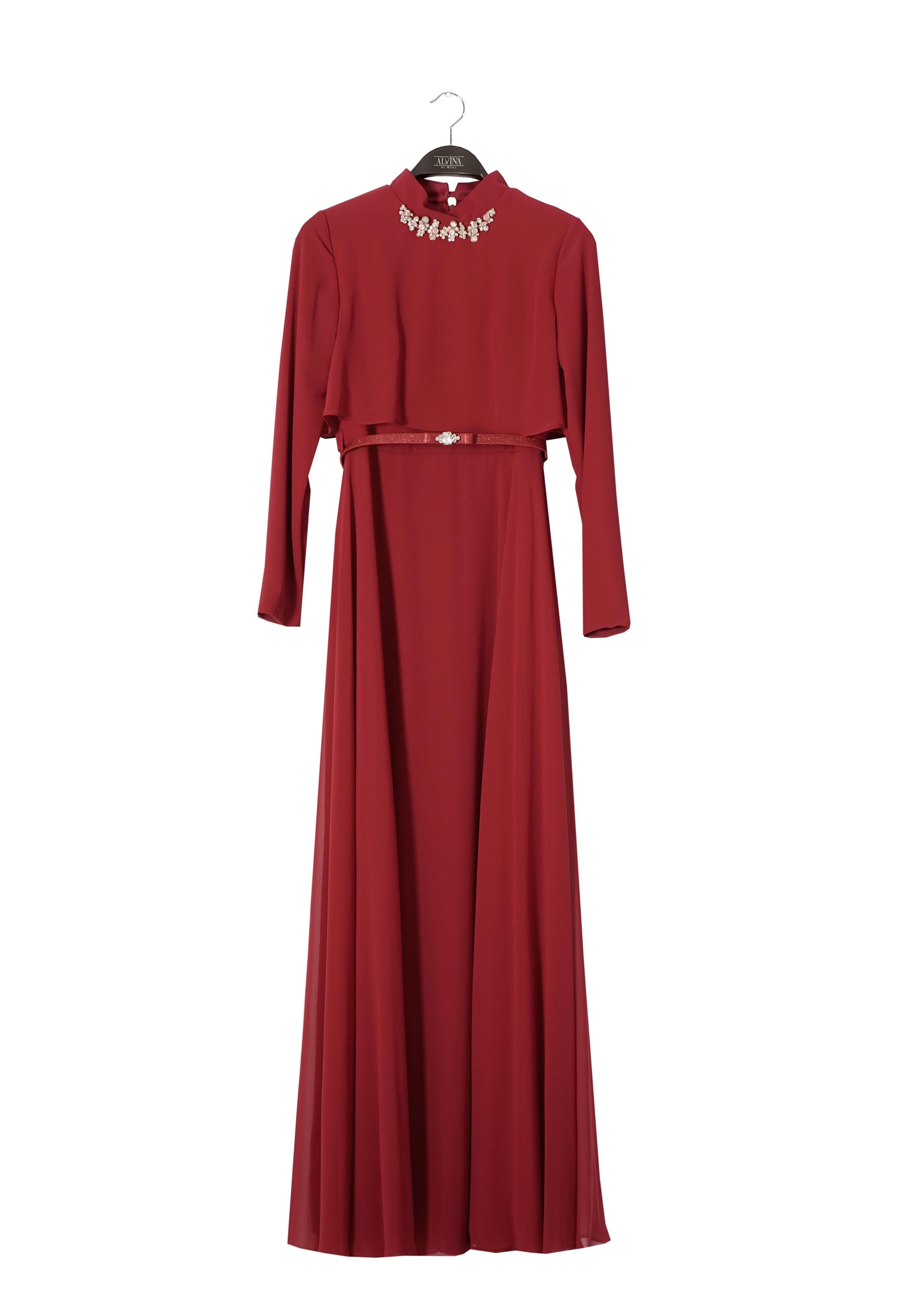 Tesettür giyim BORDO TAŞ İŞLEME DETAYLI ŞİFON ABİYE ELBİSE 5240 