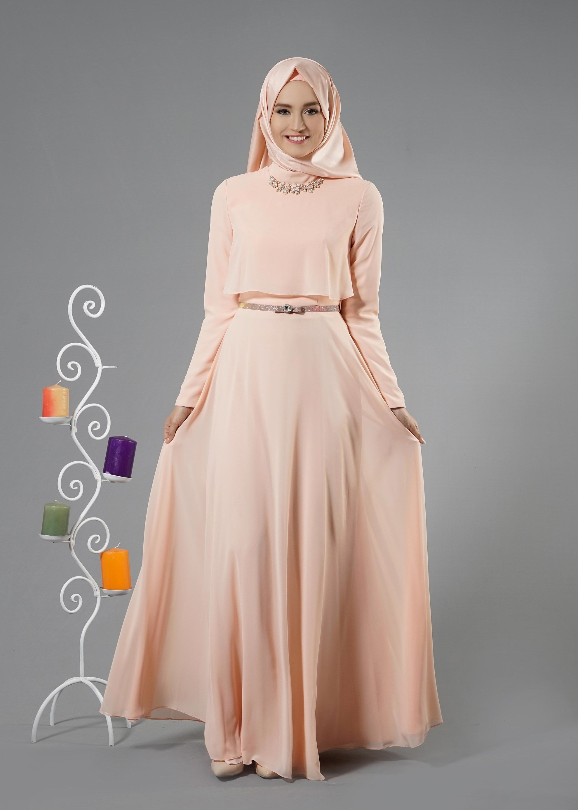 Tesettür giyim PUDRA TAŞ İŞLEME DETAYLI ŞİFON ABİYE ELBİSE 5240 