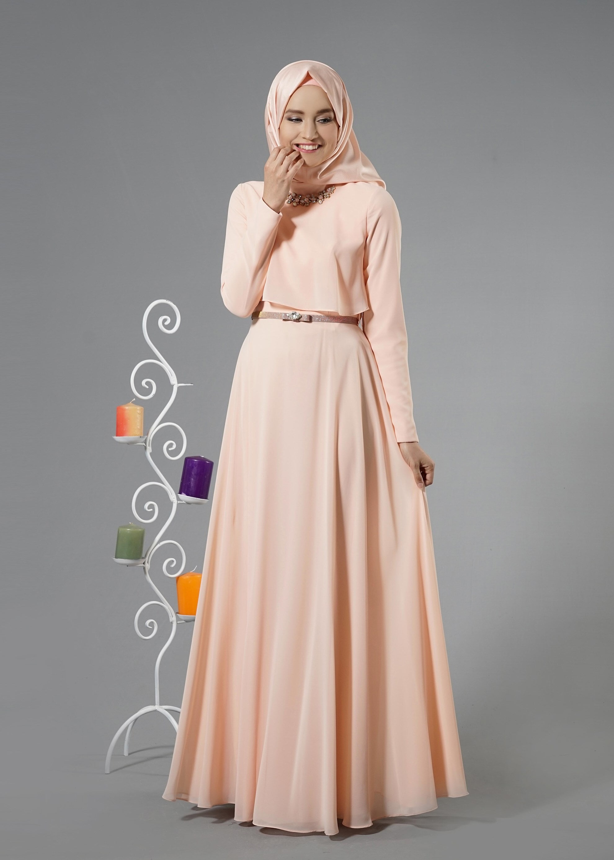 Tesettür giyim PUDRA TAŞ İŞLEME DETAYLI ŞİFON ABİYE ELBİSE 5240 