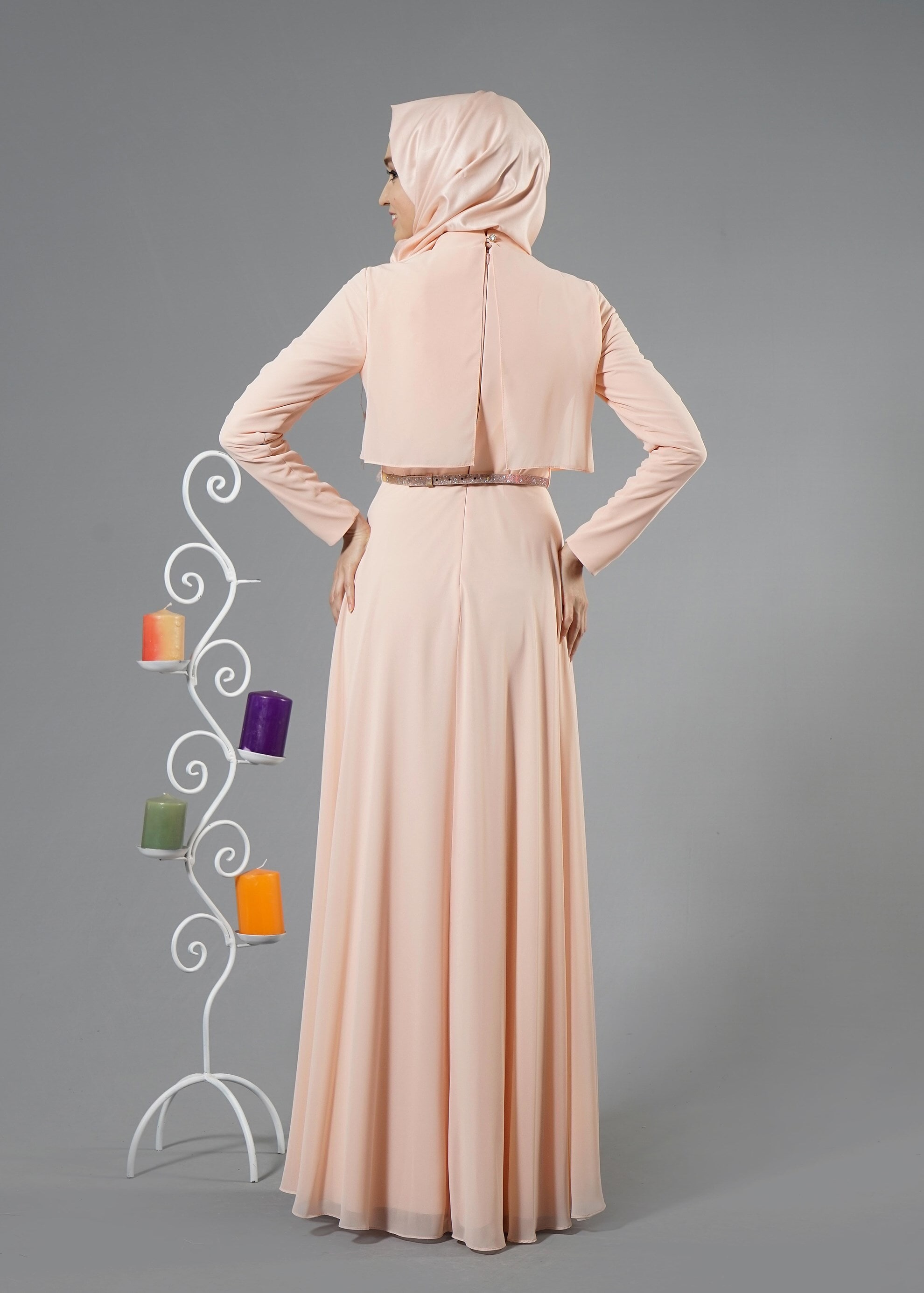 Tesettür giyim PUDRA TAŞ İŞLEME DETAYLI ŞİFON ABİYE ELBİSE 5240 