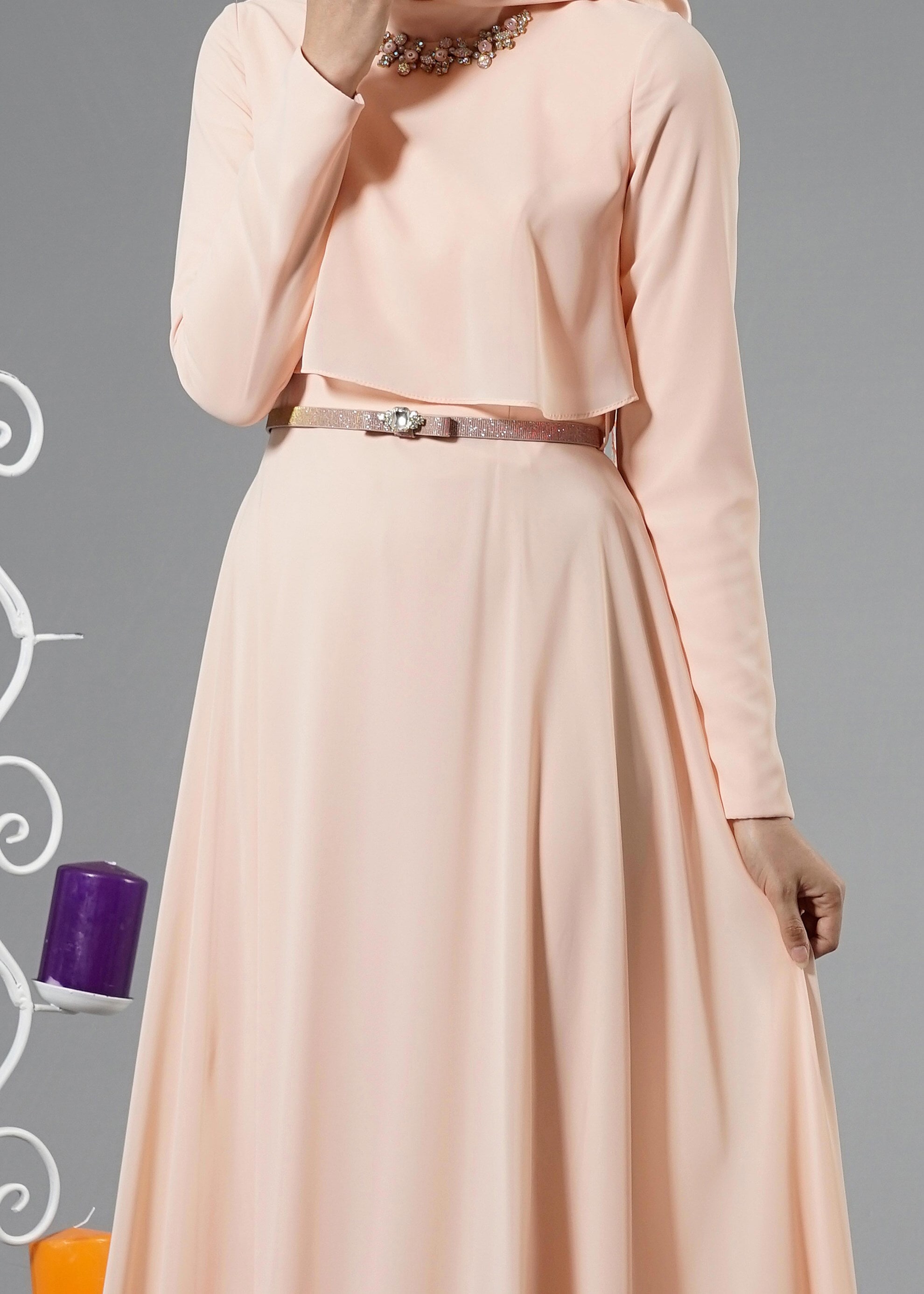 Tesettür giyim PUDRA TAŞ İŞLEME DETAYLI ŞİFON ABİYE ELBİSE 5240 