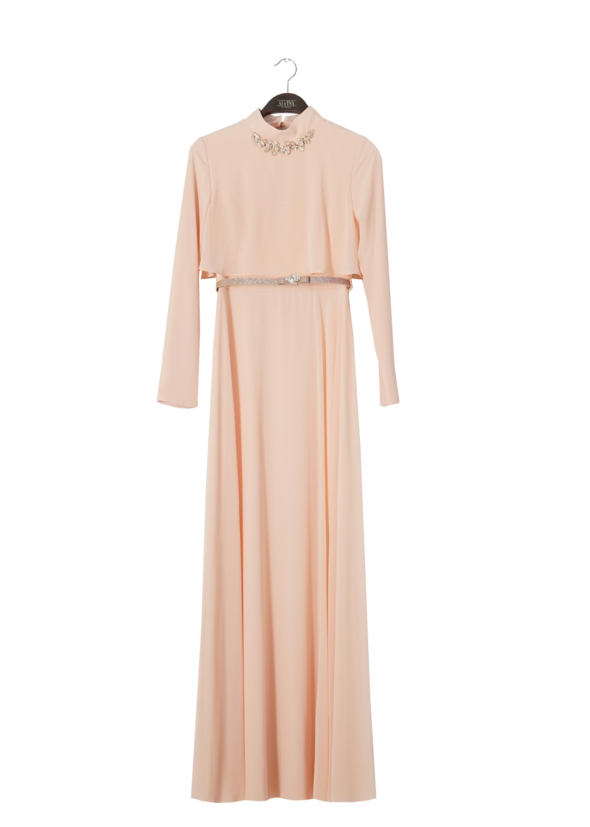 Tesettür giyim PUDRA TAŞ İŞLEME DETAYLI ŞİFON ABİYE ELBİSE 5240 