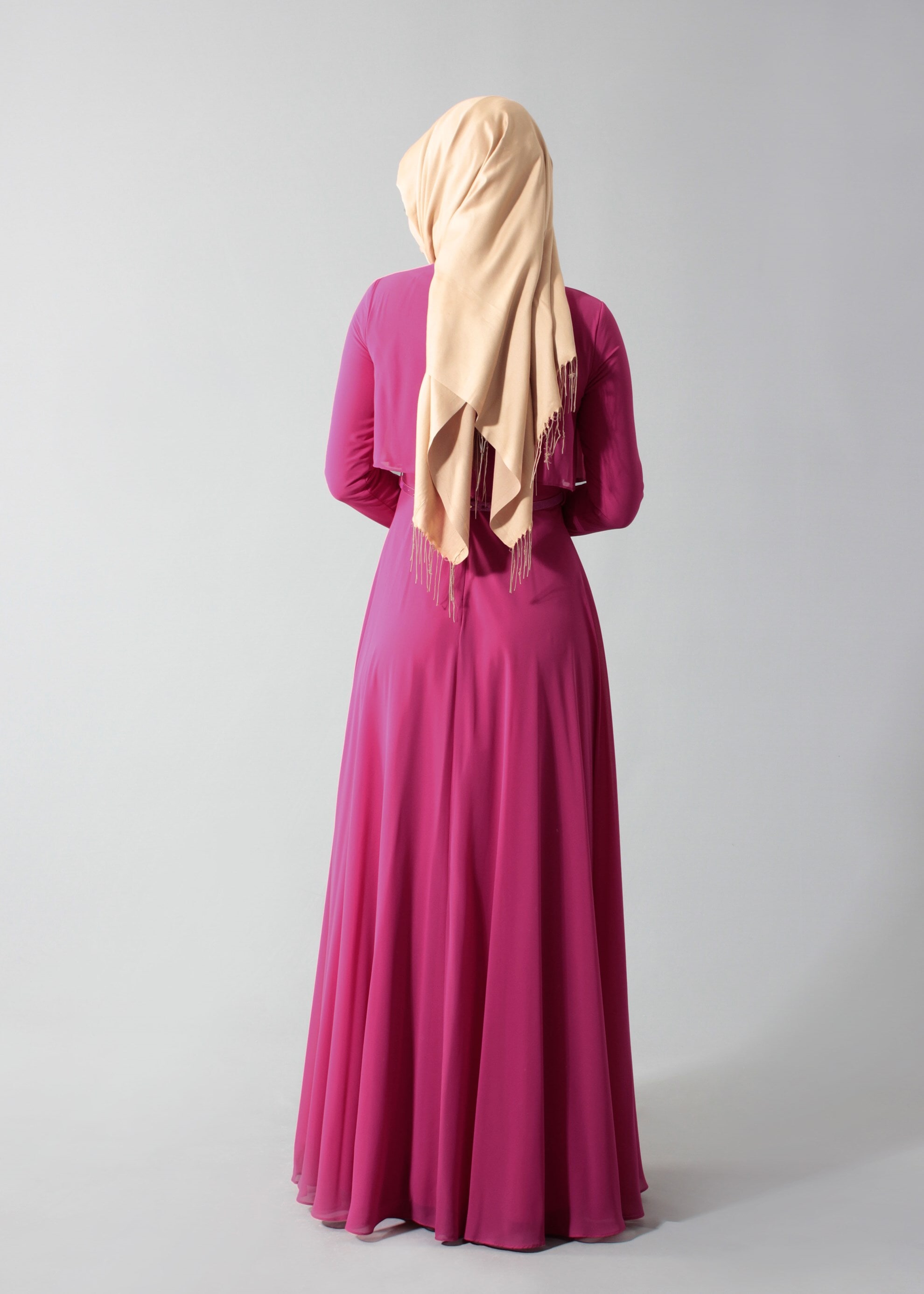 Tesettür giyim MOR TAŞ İŞLEME DETAYLI ŞİFON ABİYE ELBİSE 5240 