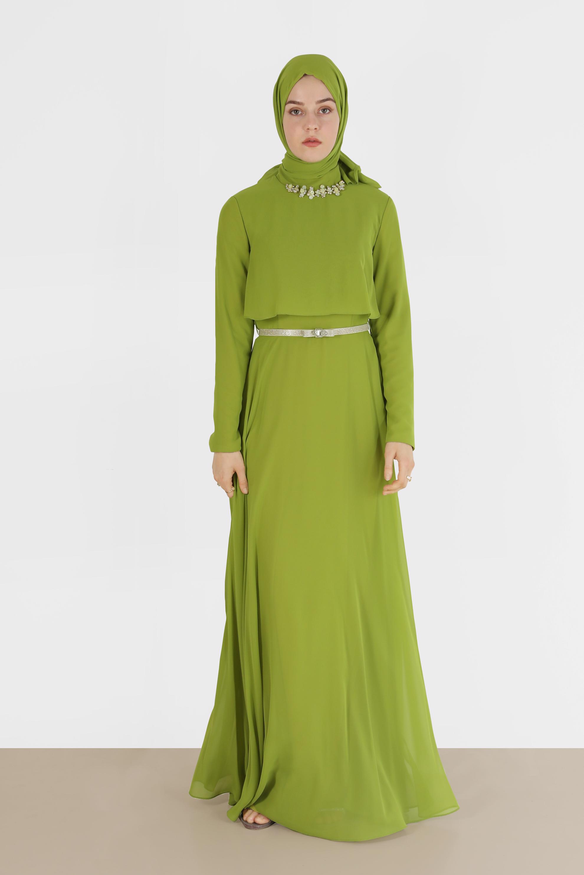 Tesettür giyim YEŞİL TAŞ İŞLEME DETAYLI ŞİFON ABİYE ELBİSE 5240 