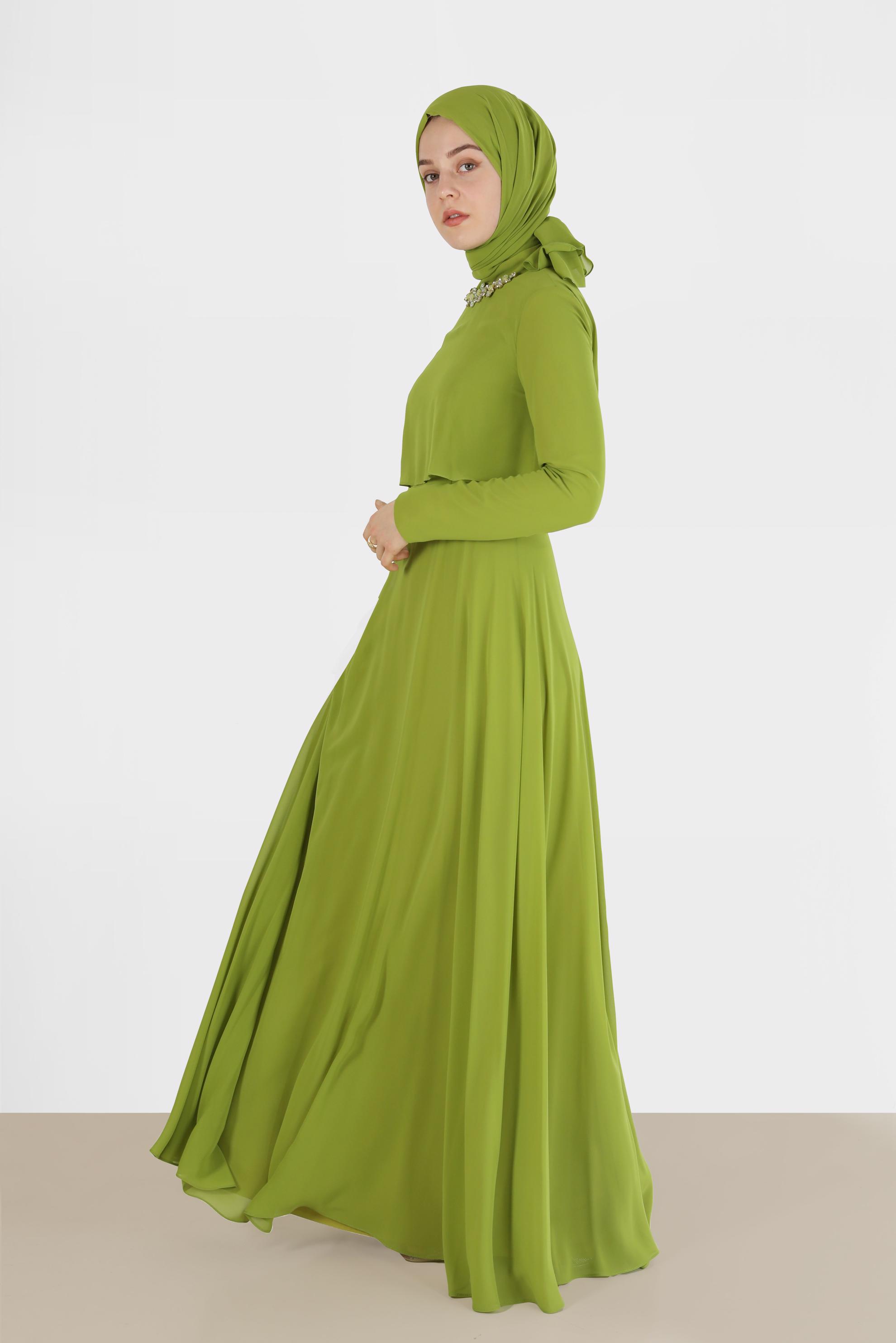 Tesettür giyim YEŞİL TAŞ İŞLEME DETAYLI ŞİFON ABİYE ELBİSE 5240 