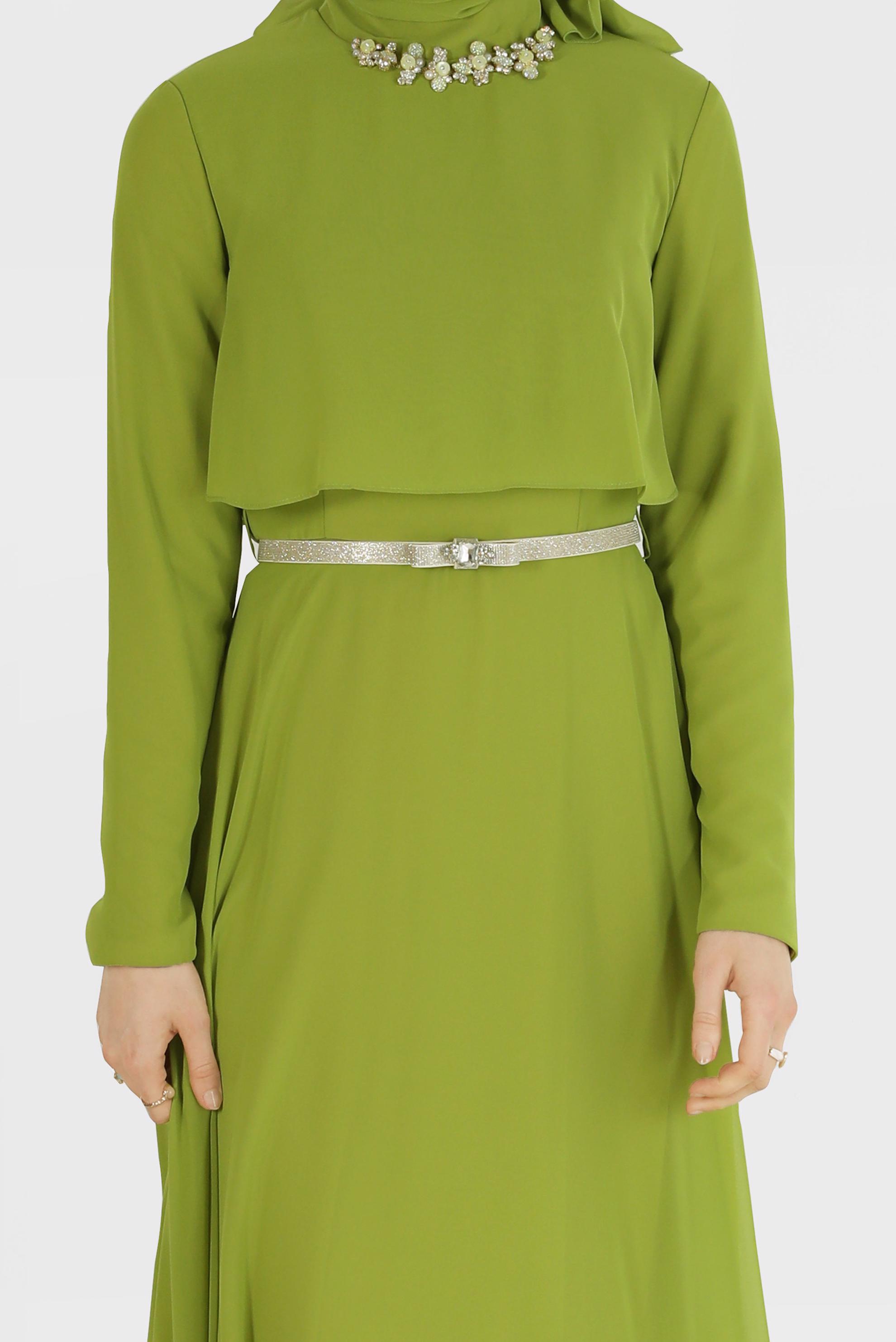 Tesettür giyim YEŞİL TAŞ İŞLEME DETAYLI ŞİFON ABİYE ELBİSE 5240 