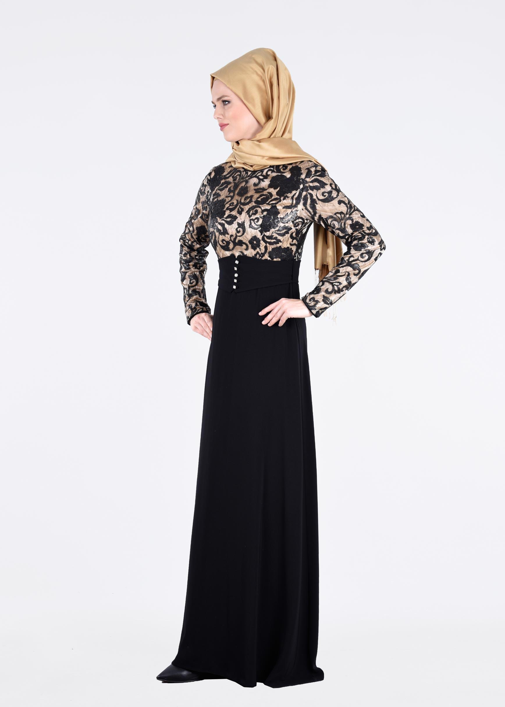 Tesettür giyim SİYAH DESENLİ ABİYE ELBİSE 5241