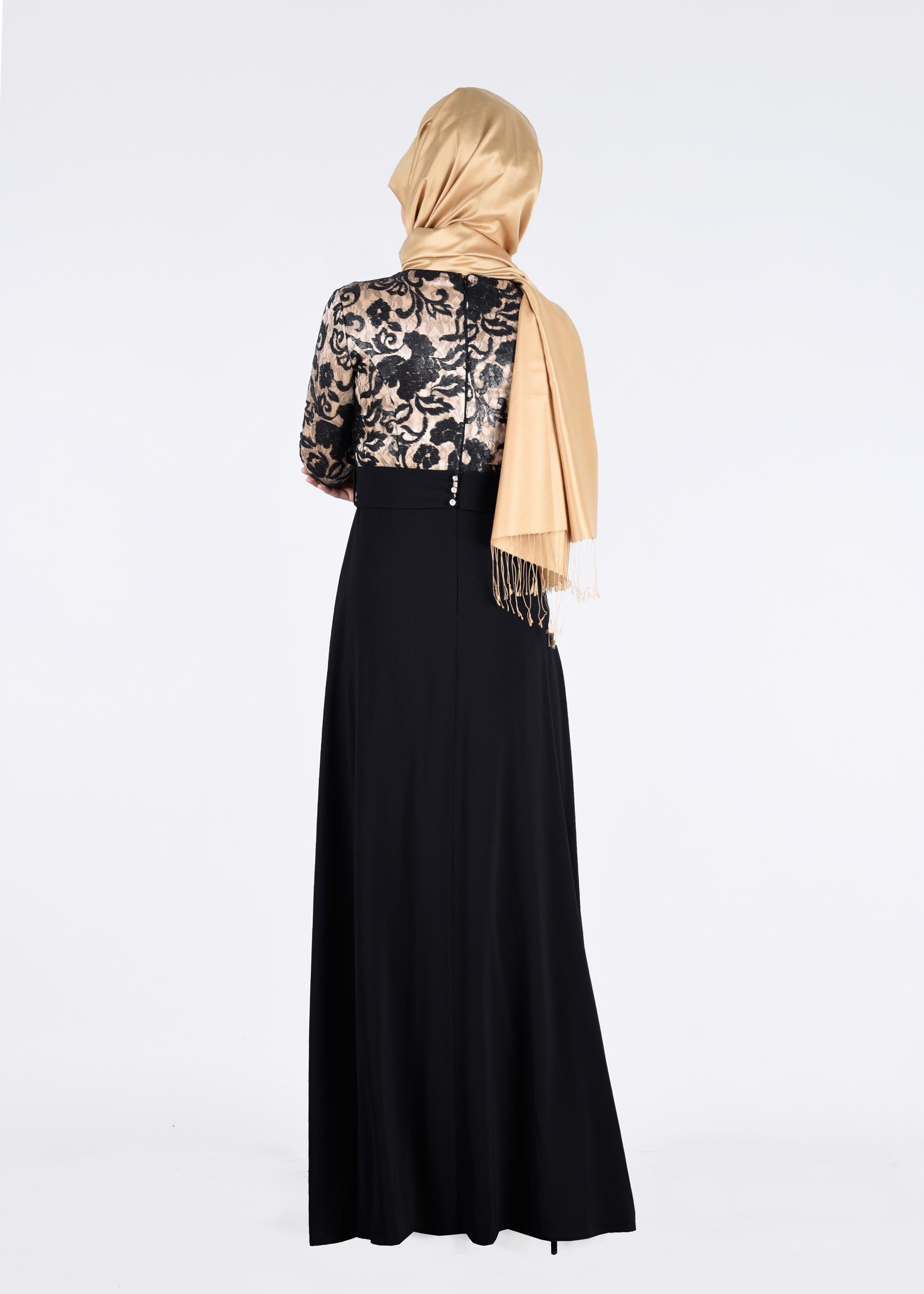 Tesettür giyim SİYAH DESENLİ ABİYE ELBİSE 5241