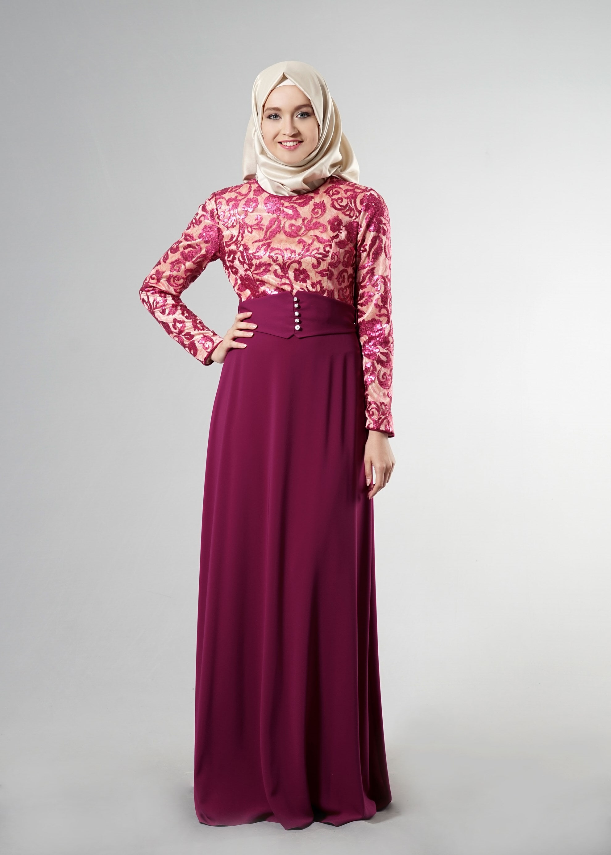 Tesettür giyim FUŞYA DESENLİ ABİYE ELBİSE 5241