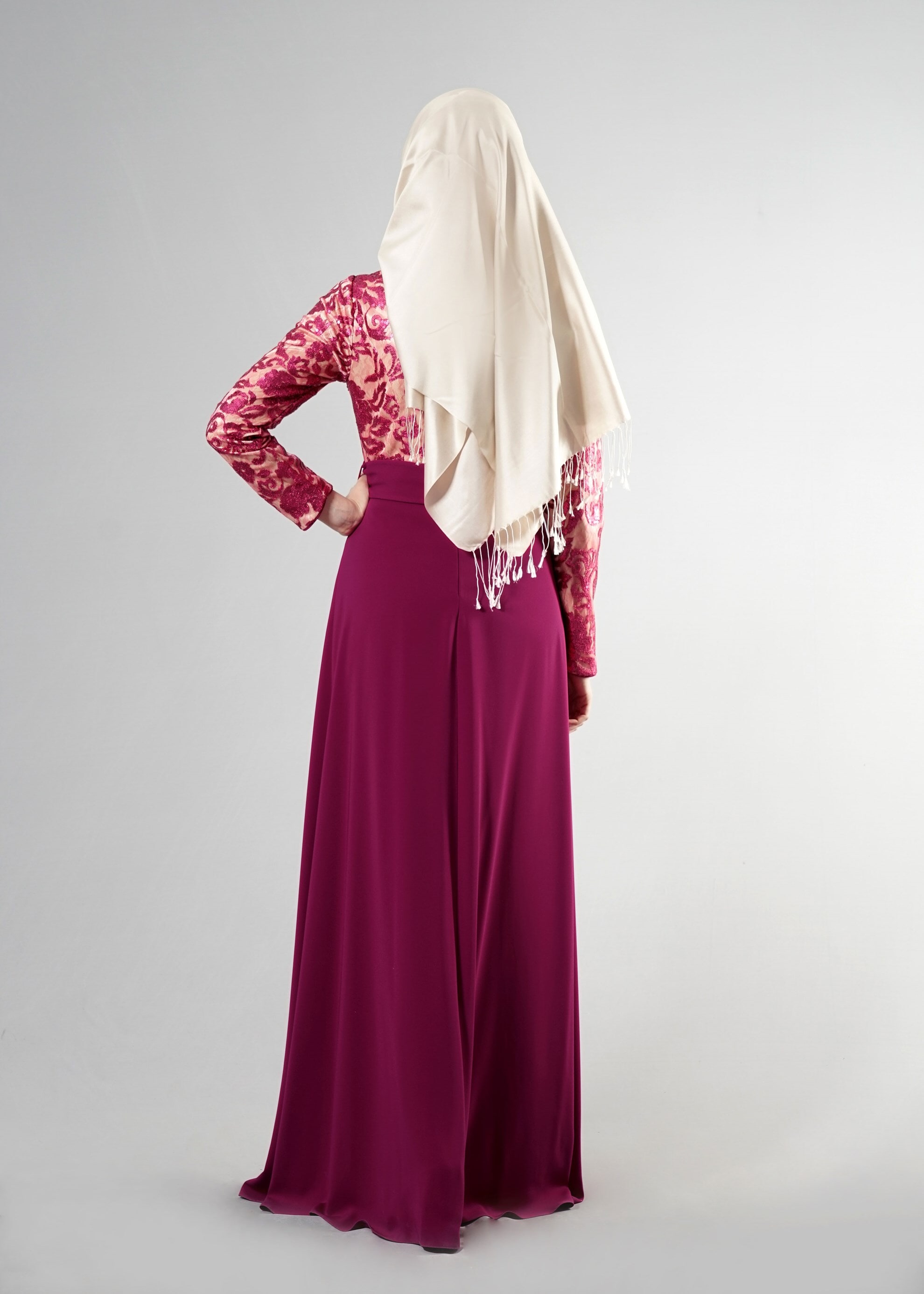 Tesettür giyim FUŞYA DESENLİ ABİYE ELBİSE 5241