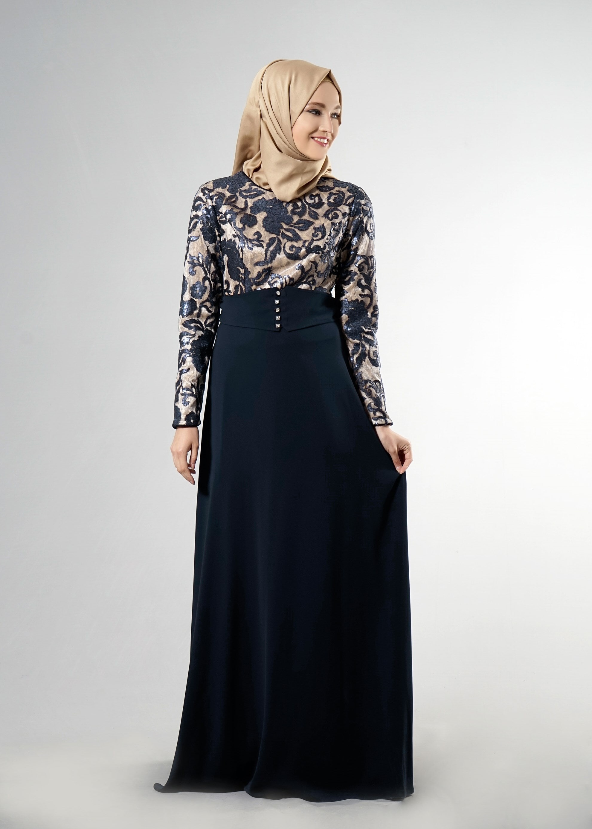 Tesettür giyim LACİVERT DESENLİ ABİYE ELBİSE 5241