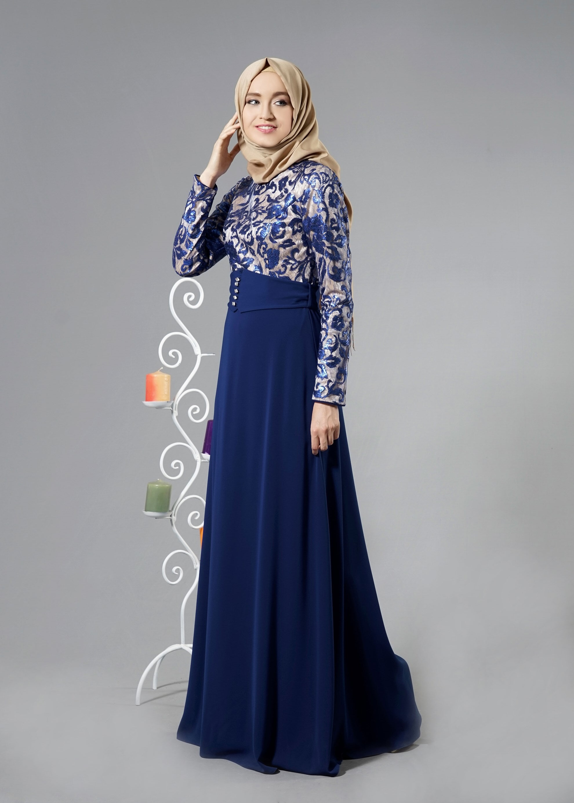 Tesettür giyim LACİVERT DESENLİ ABİYE ELBİSE 5241