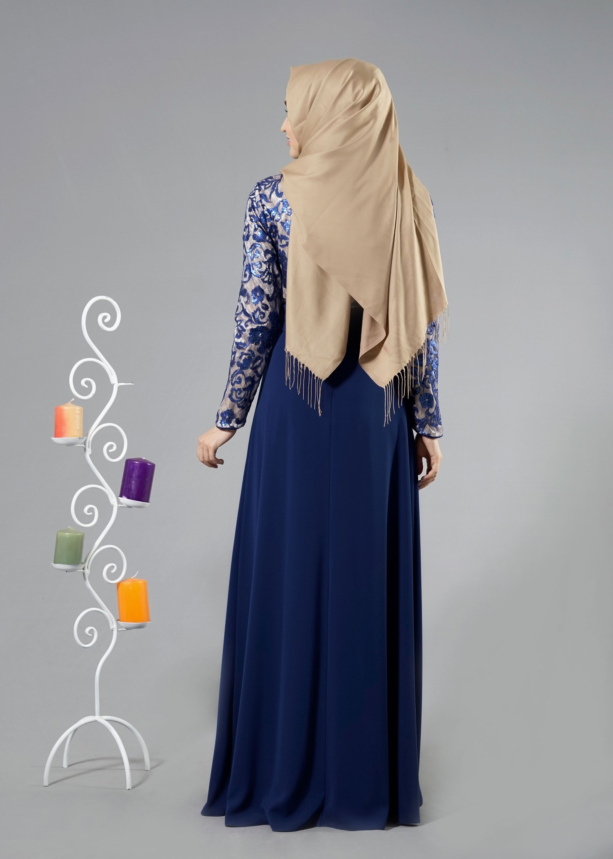 Tesettür giyim LACİVERT DESENLİ ABİYE ELBİSE 5241