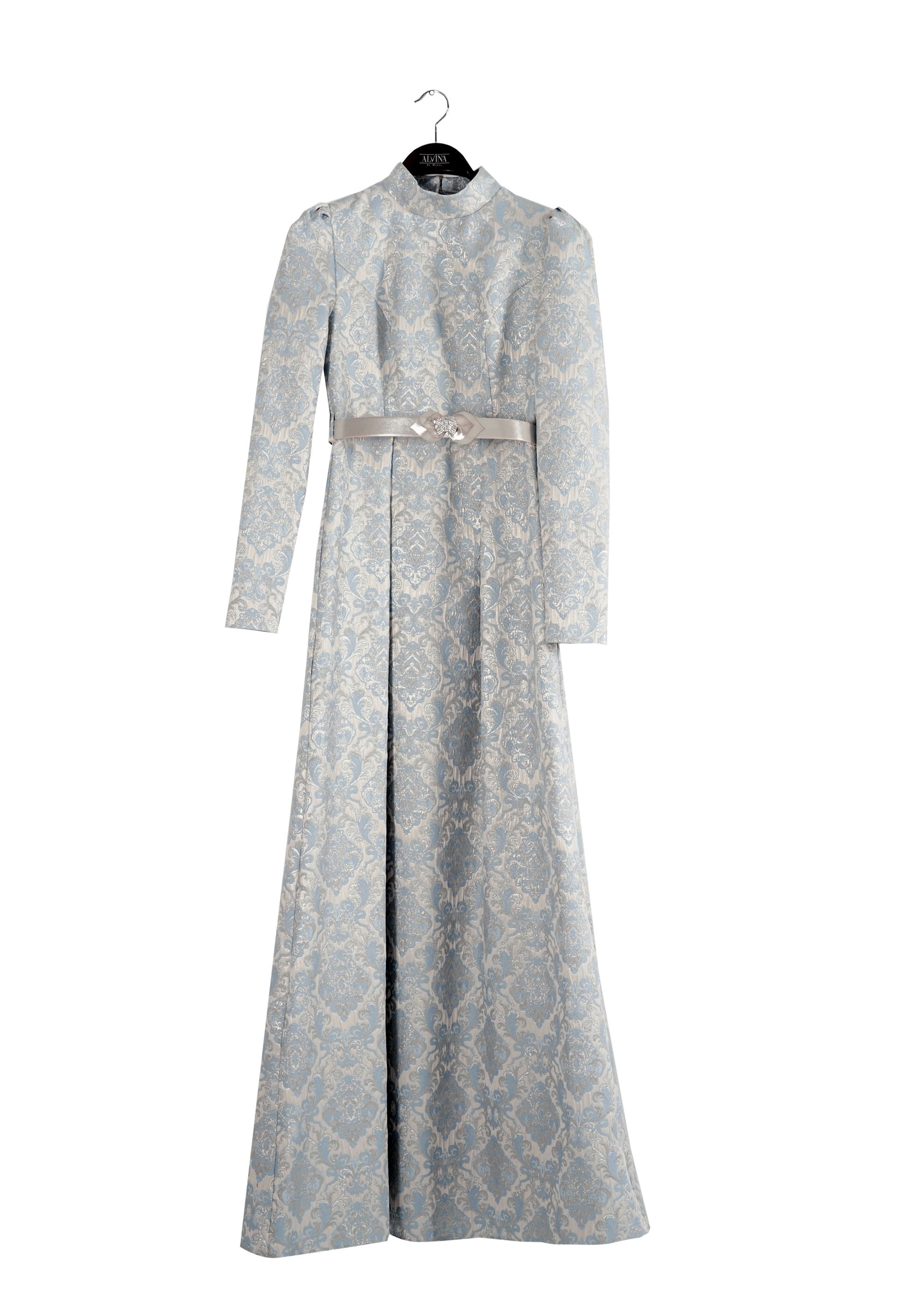 Tesettür giyim MAVİ DESENLİ MANŞETLERİ TAŞ DETAYLI ABİYE ELBİSE 5245