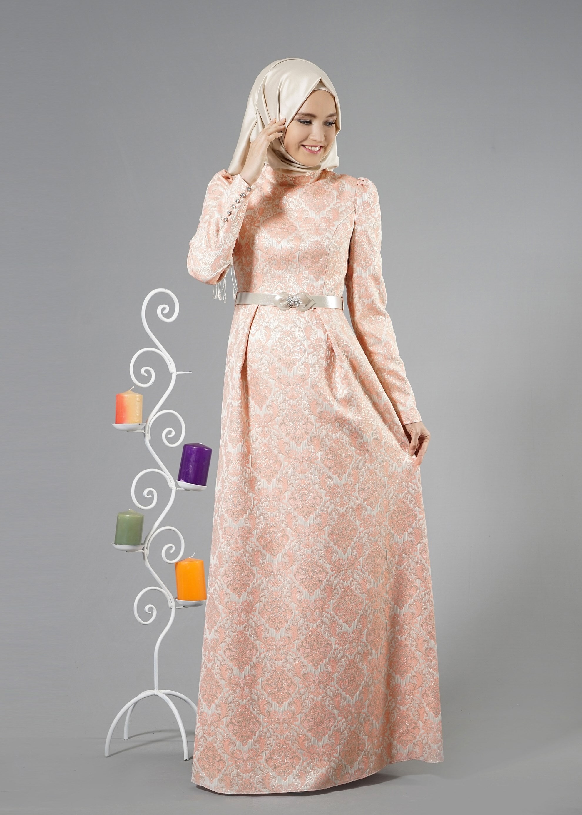 Tesettür giyim PUDRA DESENLİ MANŞETLERİ TAŞ DETAYLI ABİYE ELBİSE 5245