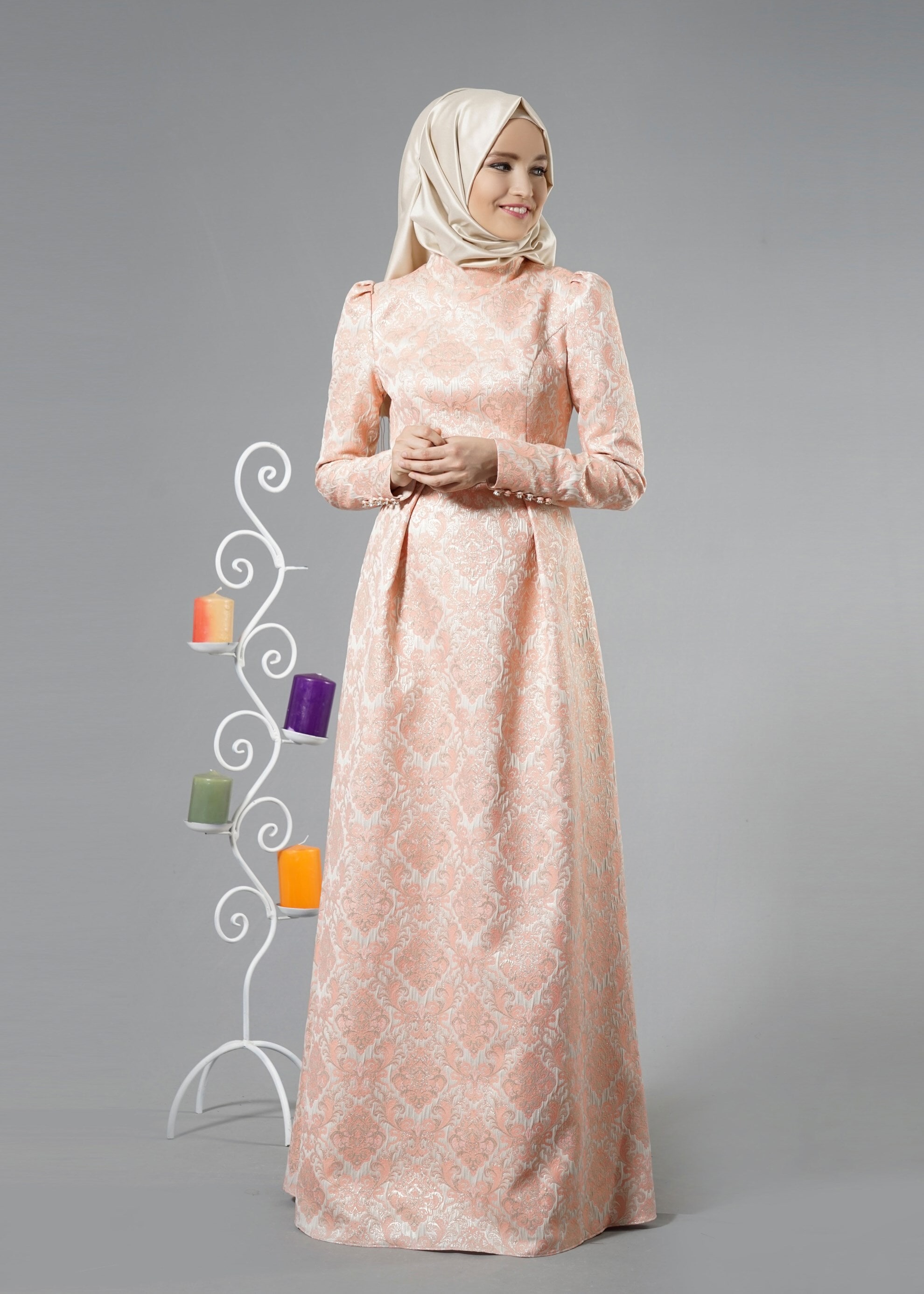 Tesettür giyim PUDRA DESENLİ MANŞETLERİ TAŞ DETAYLI ABİYE ELBİSE 5245