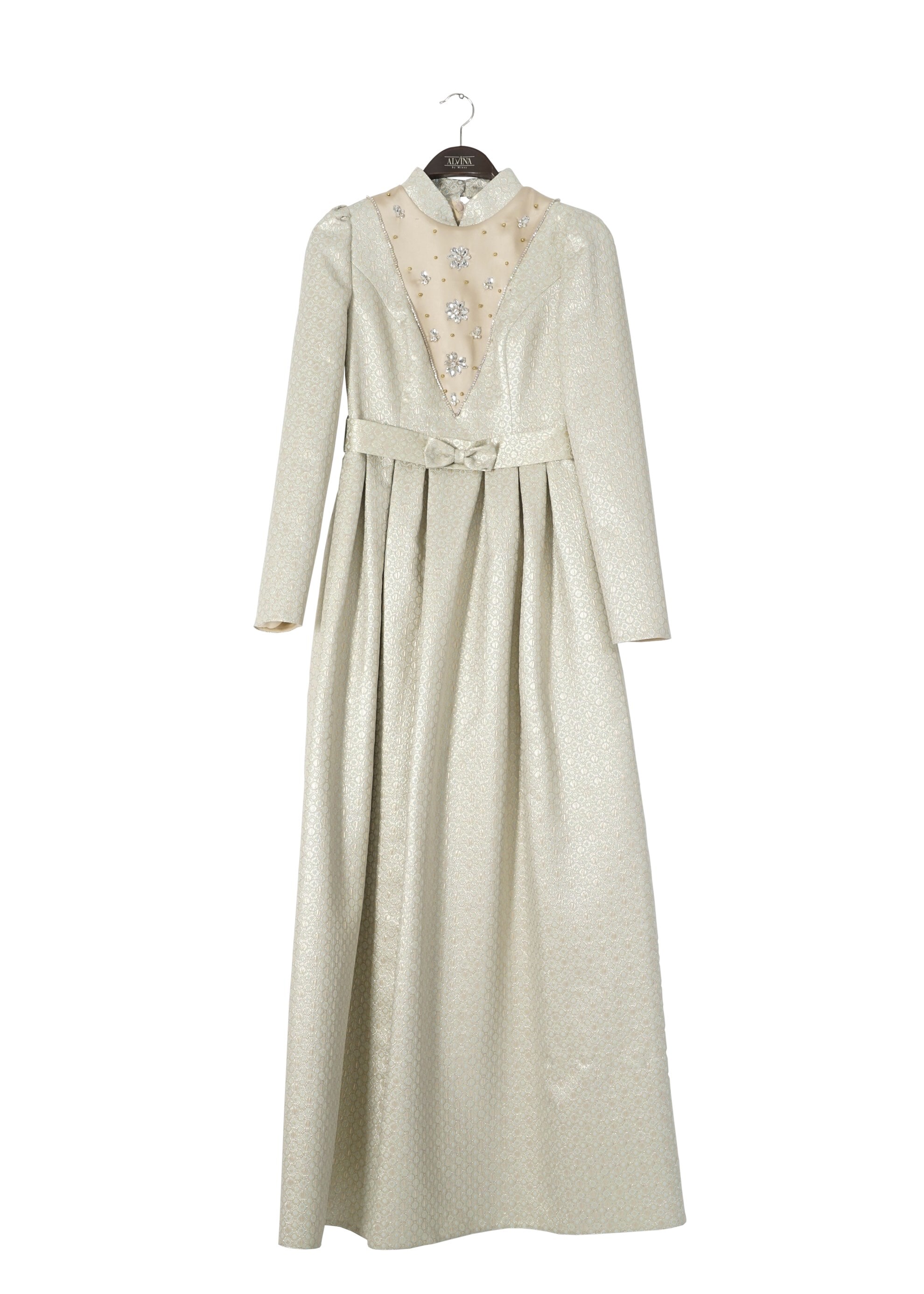 Tesettür giyim MAVİ TAŞ İŞLEMELİ DESENLİ PİLİSELİ ABİYE ELBİSE 5246