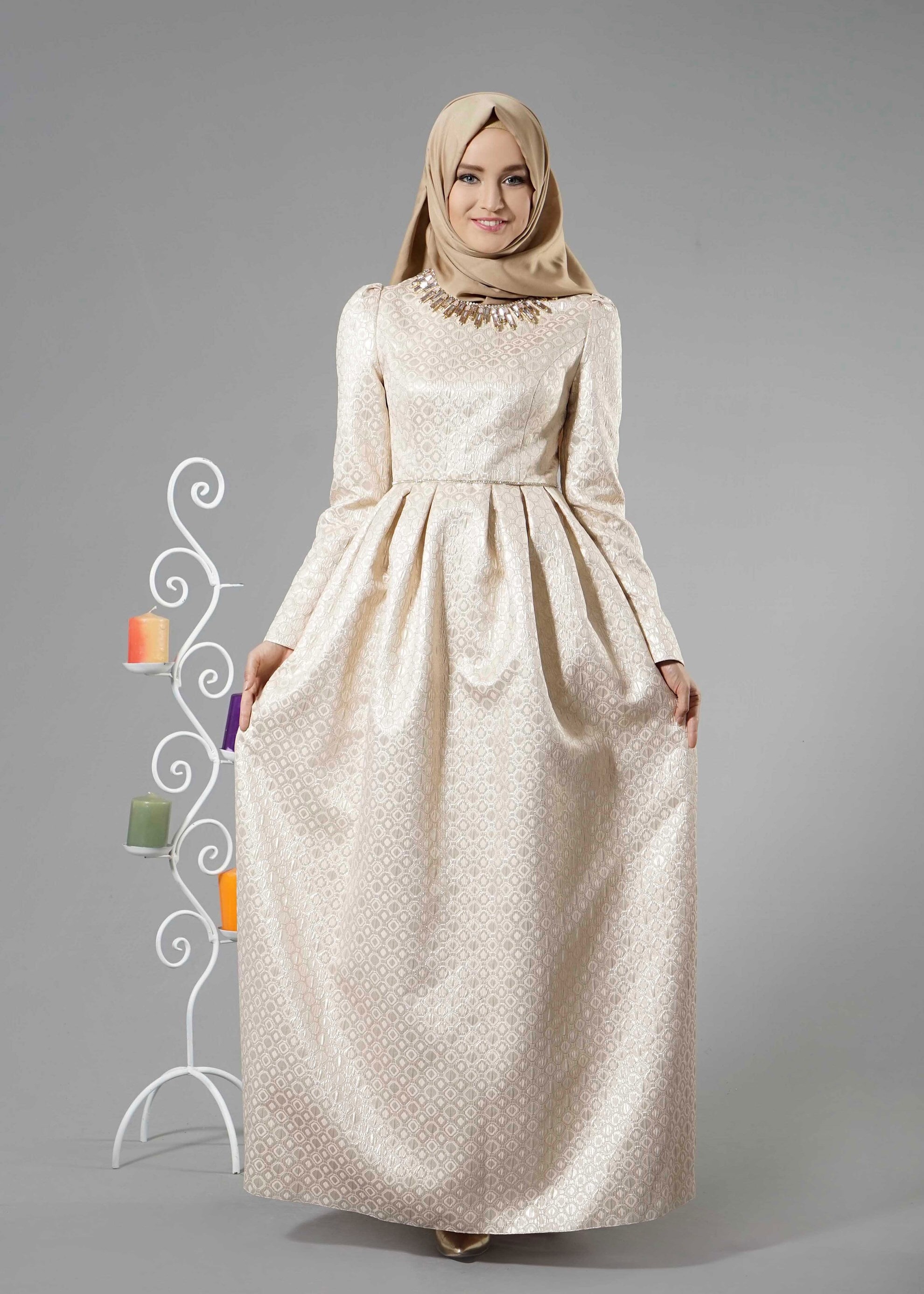 Tesettür giyim PUDRA 5247 Jakar Tesettür 7689 Abiye 36/40(38) TEK36