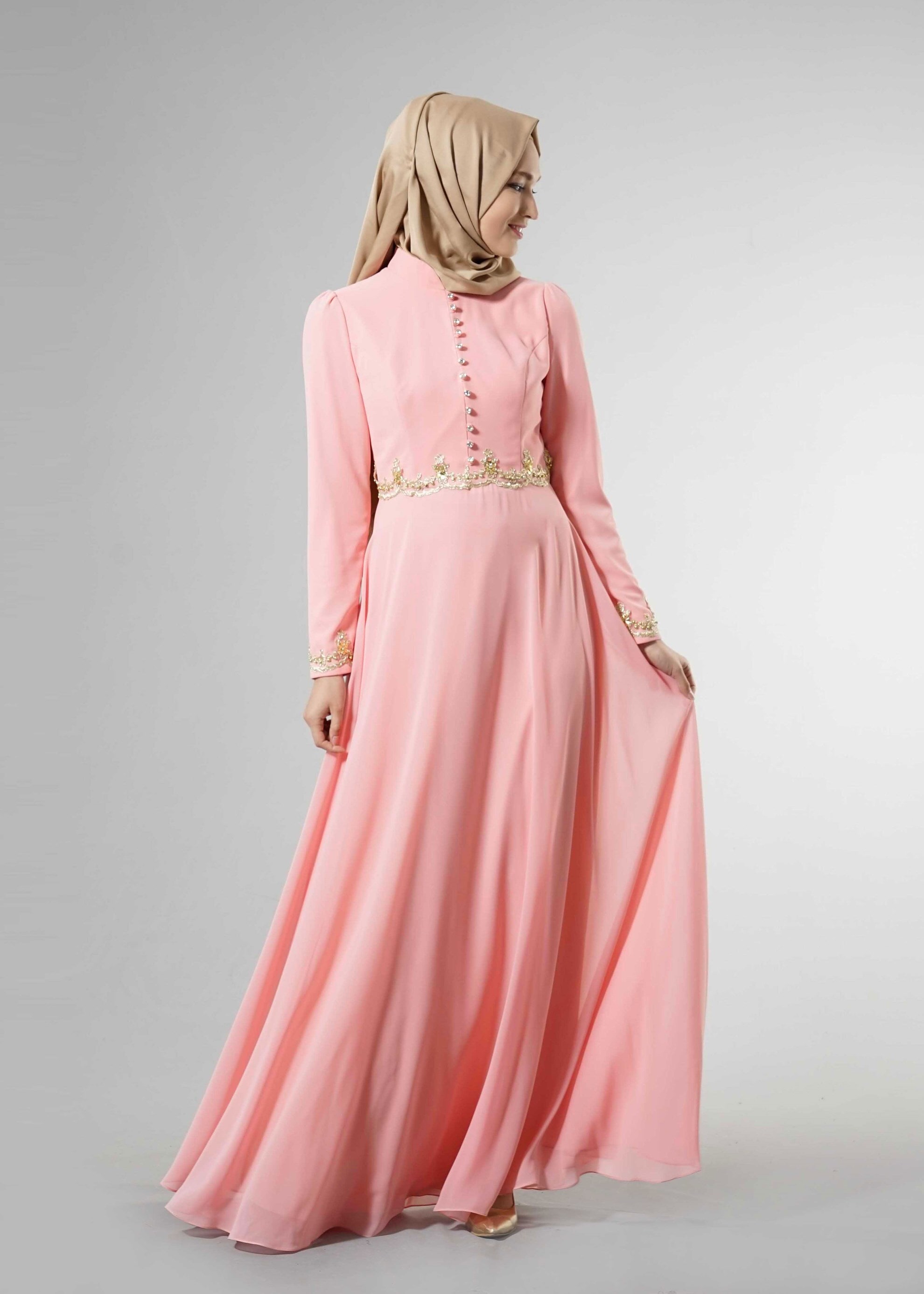 Tesettür giyim PUDRA TAŞ İŞLEME DETAYLI ŞİFON ABİYE ELBİSE 5250