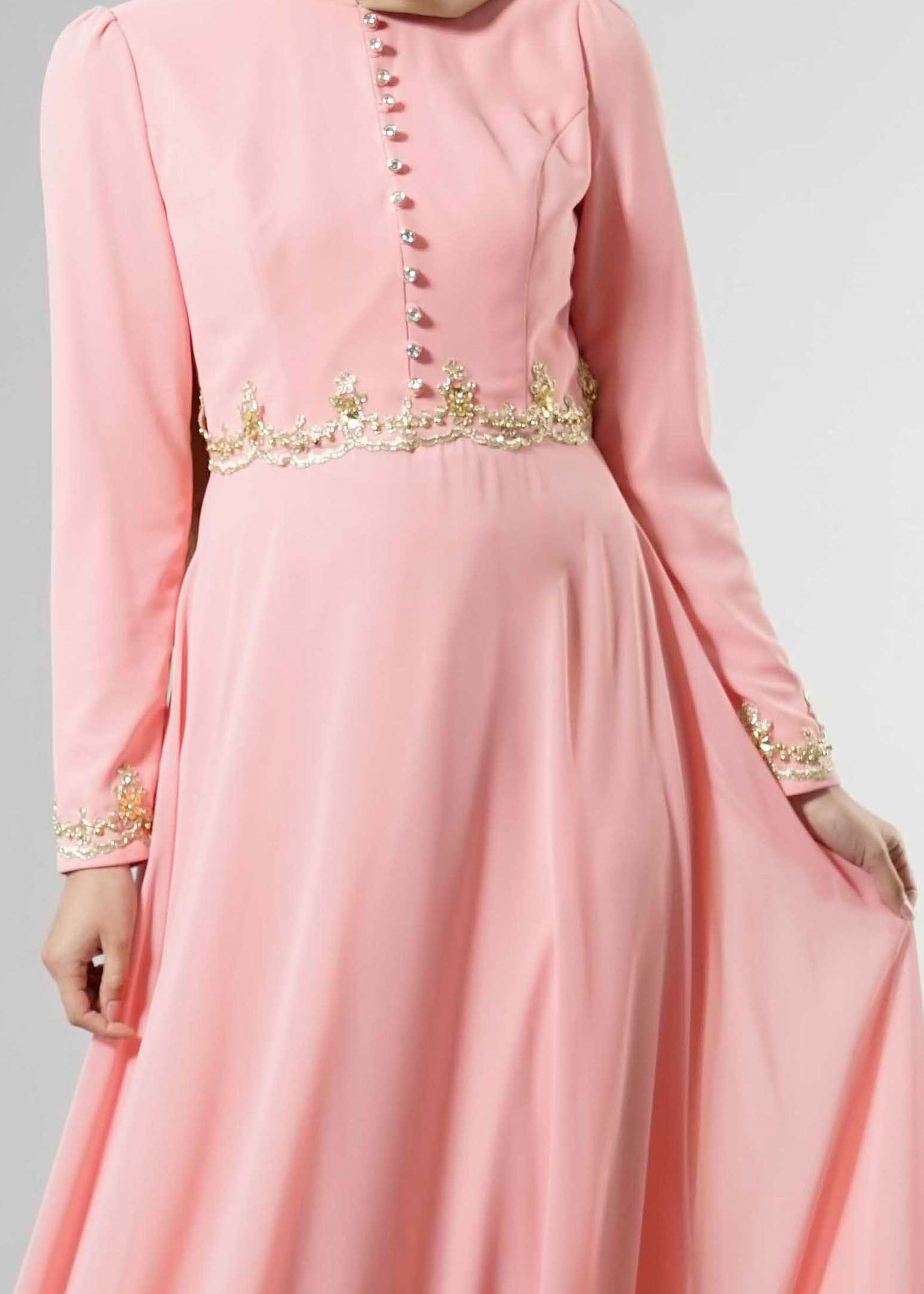 Tesettür giyim PUDRA TAŞ İŞLEME DETAYLI ŞİFON ABİYE ELBİSE 5250