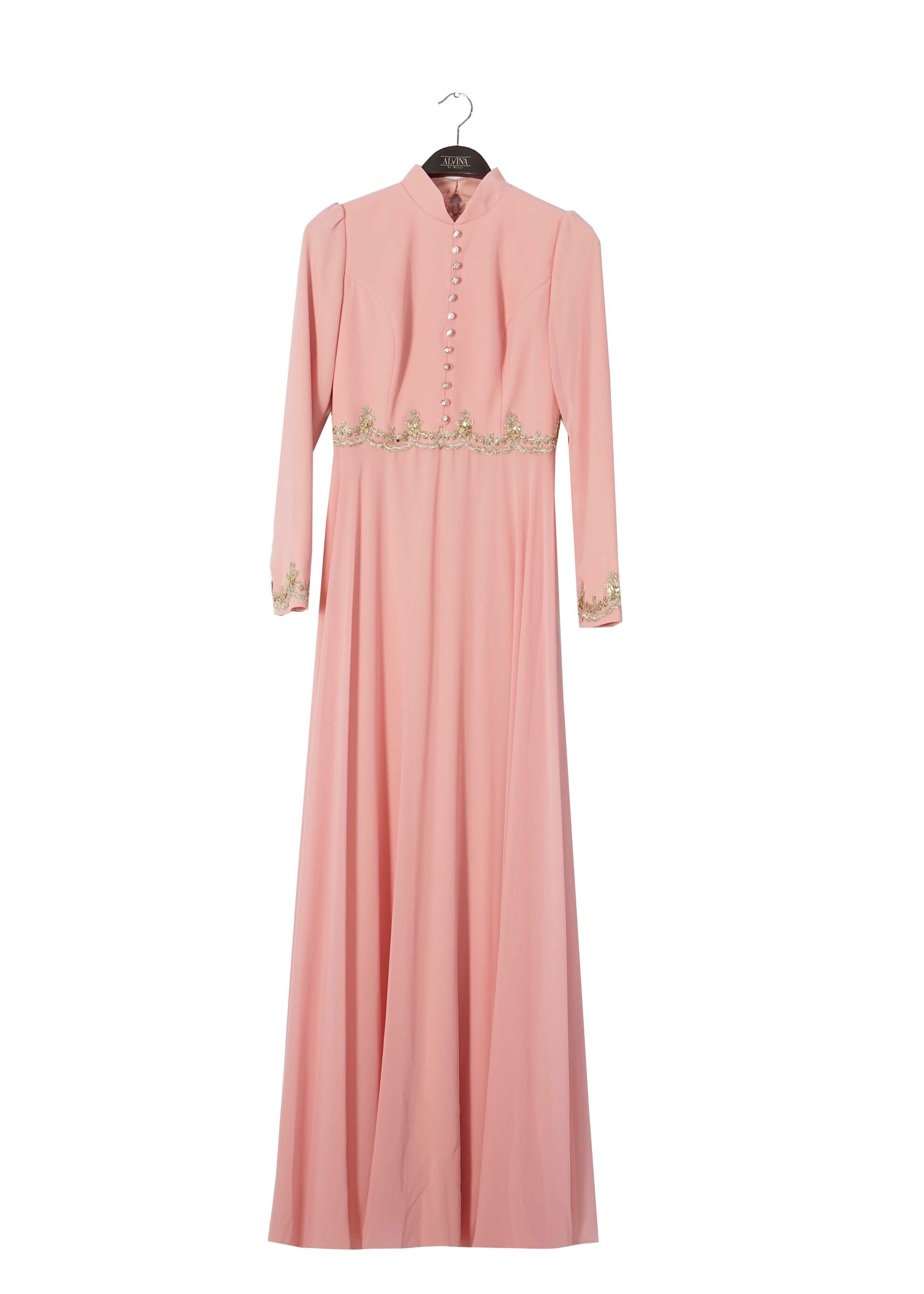 Tesettür giyim PUDRA TAŞ İŞLEME DETAYLI ŞİFON ABİYE ELBİSE 5250