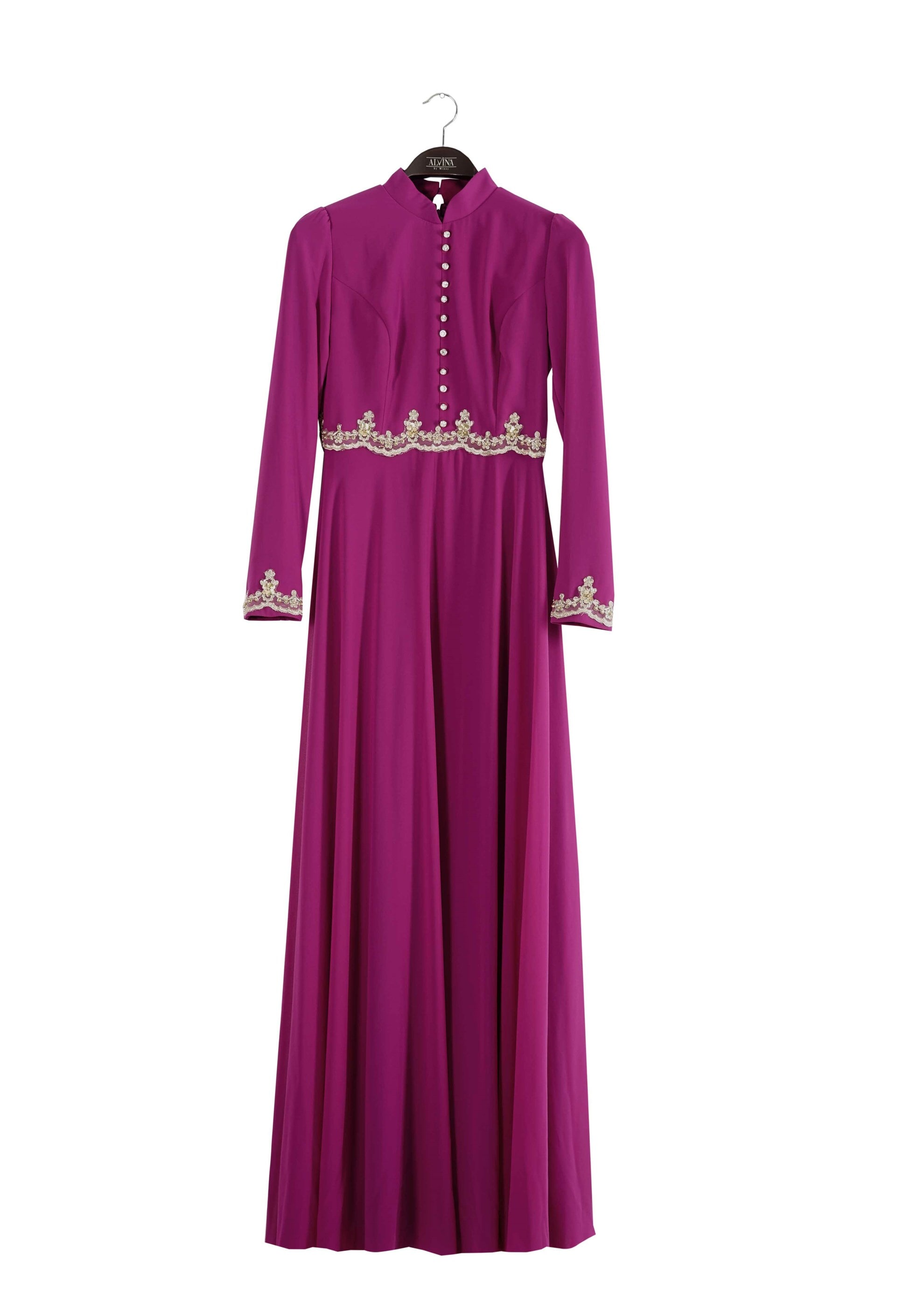 Tesettür giyim MOR TAŞ İŞLEME DETAYLI ŞİFON ABİYE ELBİSE 5250