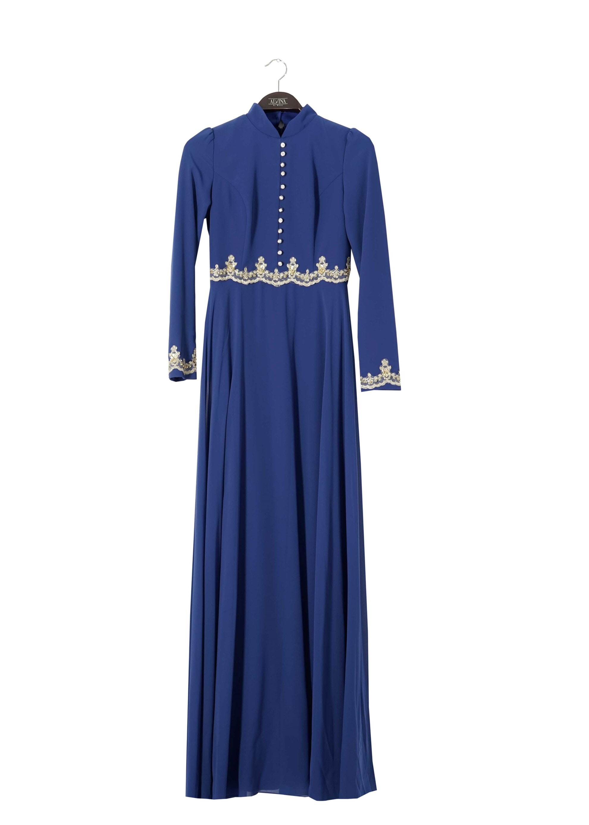 Tesettür giyim MAVİ TAŞ İŞLEME DETAYLI ŞİFON ABİYE ELBİSE 5250