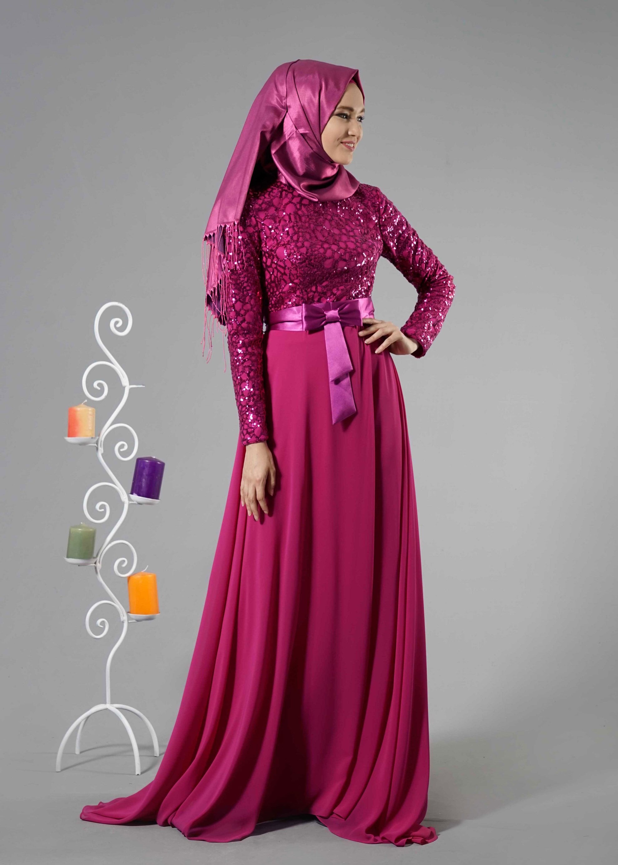 Tesettür giyim FUŞYA PUL PAYET İŞLEMELİ ABİYE ELBİSE 5251