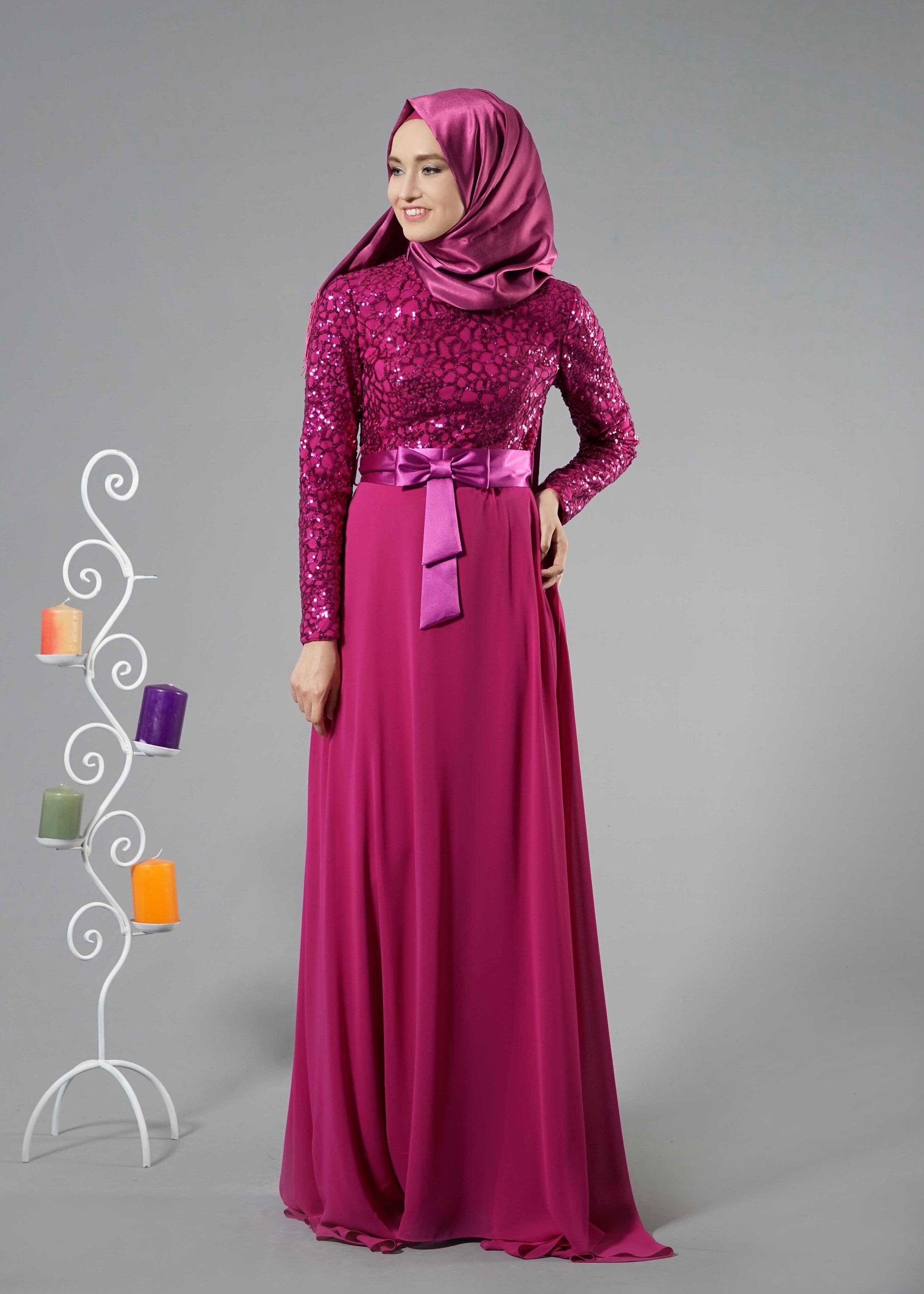 Tesettür giyim FUŞYA PUL PAYET İŞLEMELİ ABİYE ELBİSE 5251