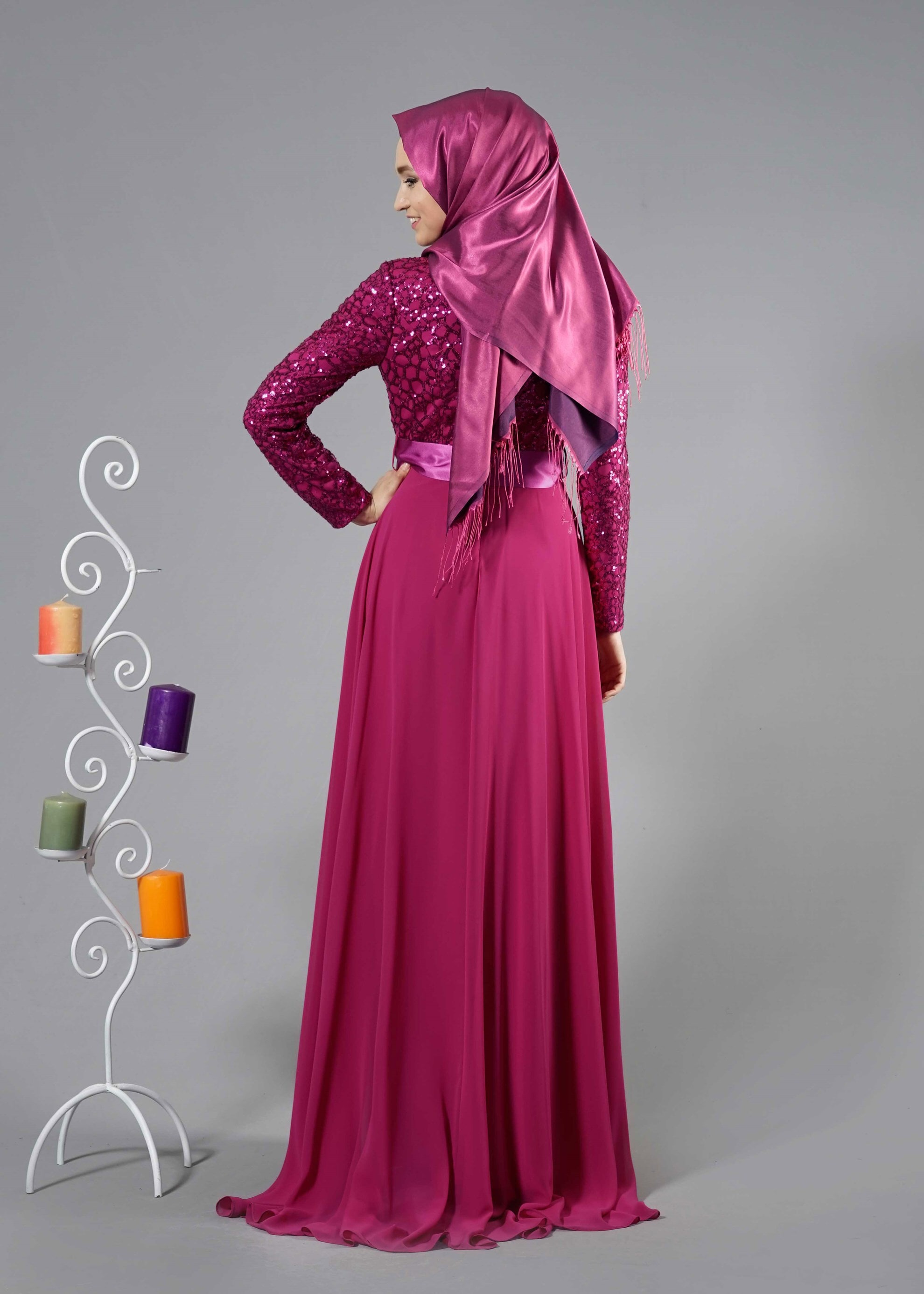 Tesettür giyim FUŞYA PUL PAYET İŞLEMELİ ABİYE ELBİSE 5251