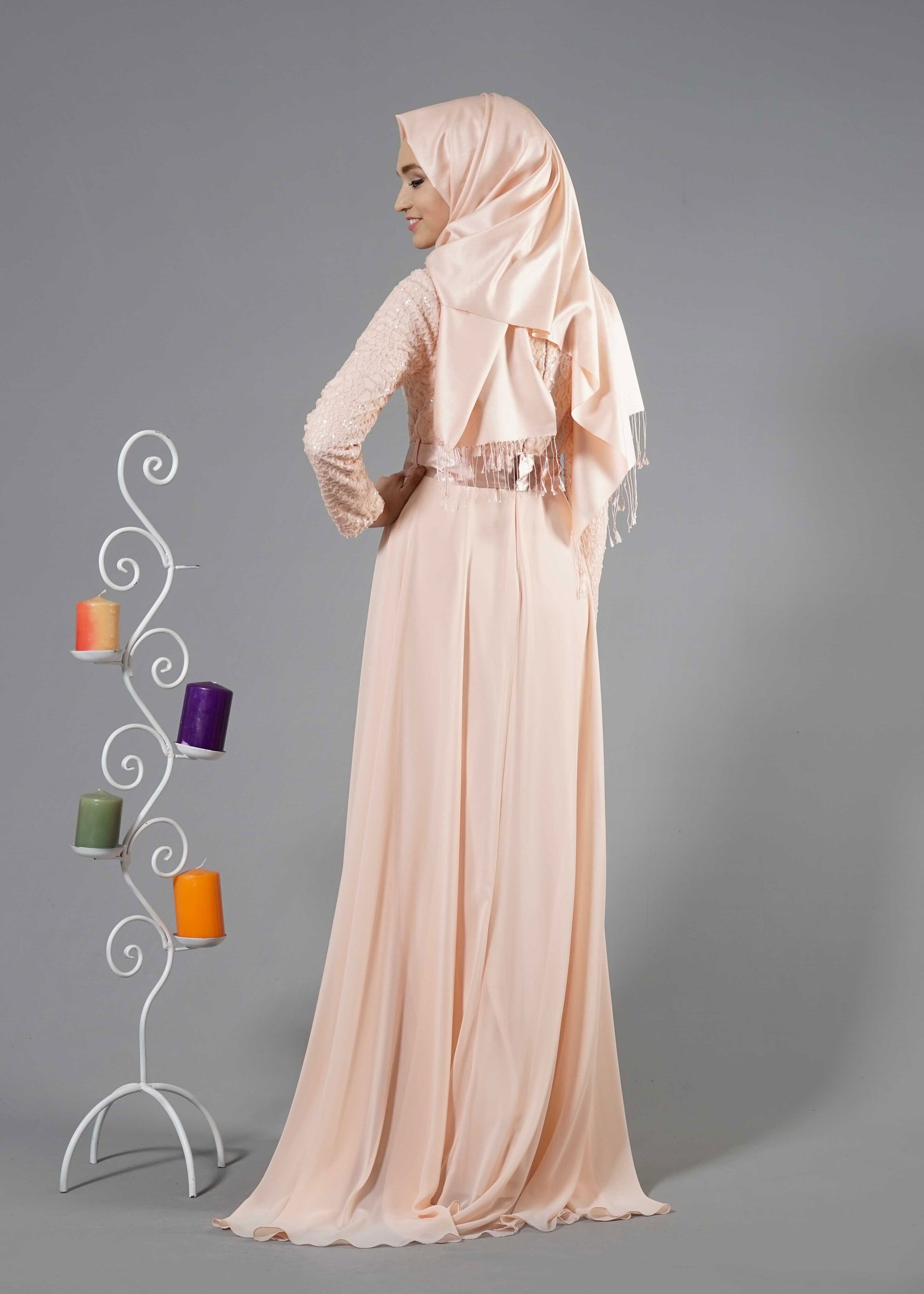 Tesettür giyim PUDRA PUL PAYET İŞLEMELİ ABİYE ELBİSE 5251