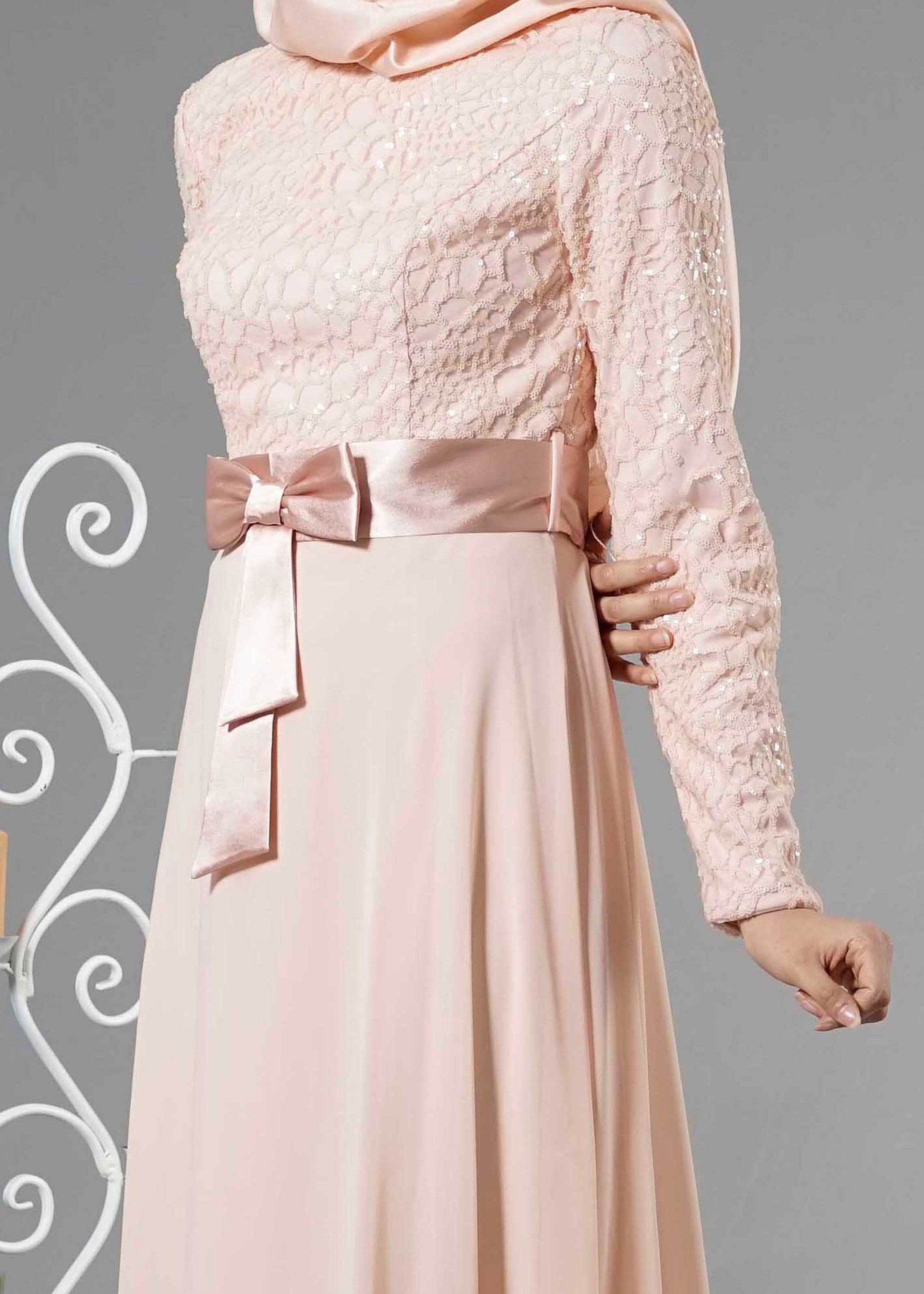 Tesettür giyim PUDRA PUL PAYET İŞLEMELİ ABİYE ELBİSE 5251