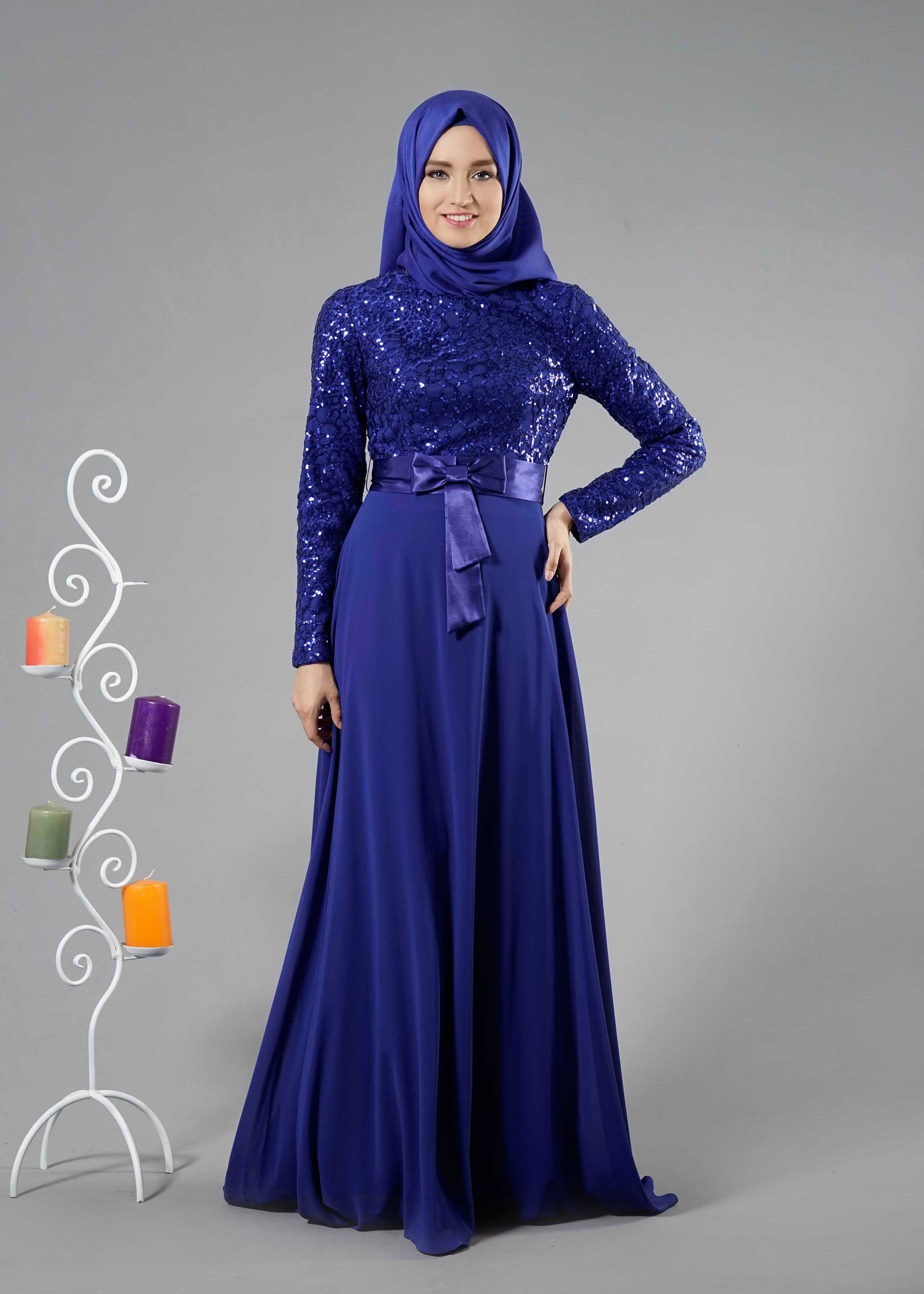 Tesettür giyim LACİVERT PUL PAYET İŞLEMELİ ABİYE ELBİSE 5251