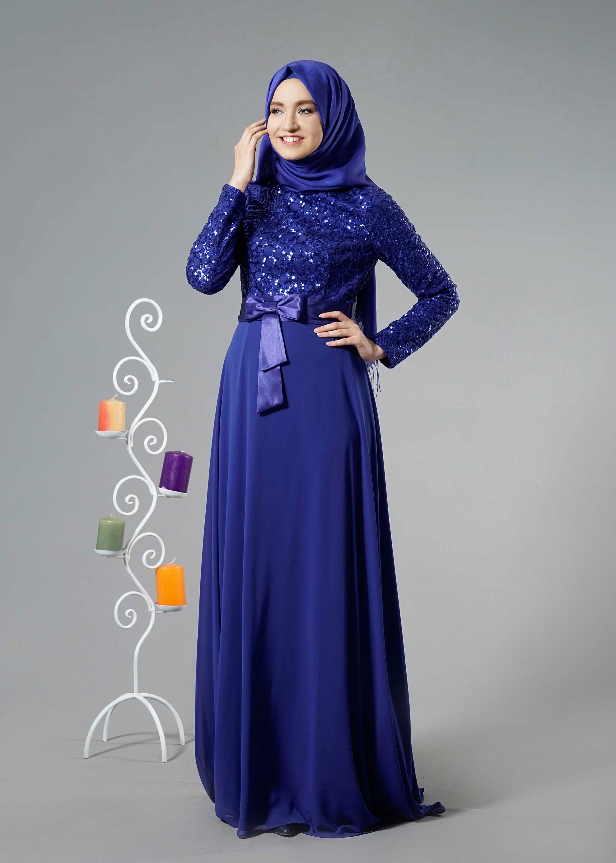 Tesettür giyim LACİVERT PUL PAYET İŞLEMELİ ABİYE ELBİSE 5251