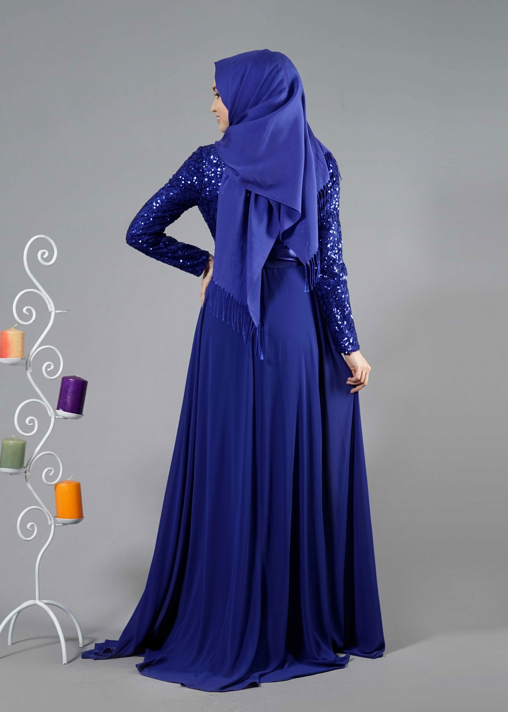 Tesettür giyim LACİVERT PUL PAYET İŞLEMELİ ABİYE ELBİSE 5251