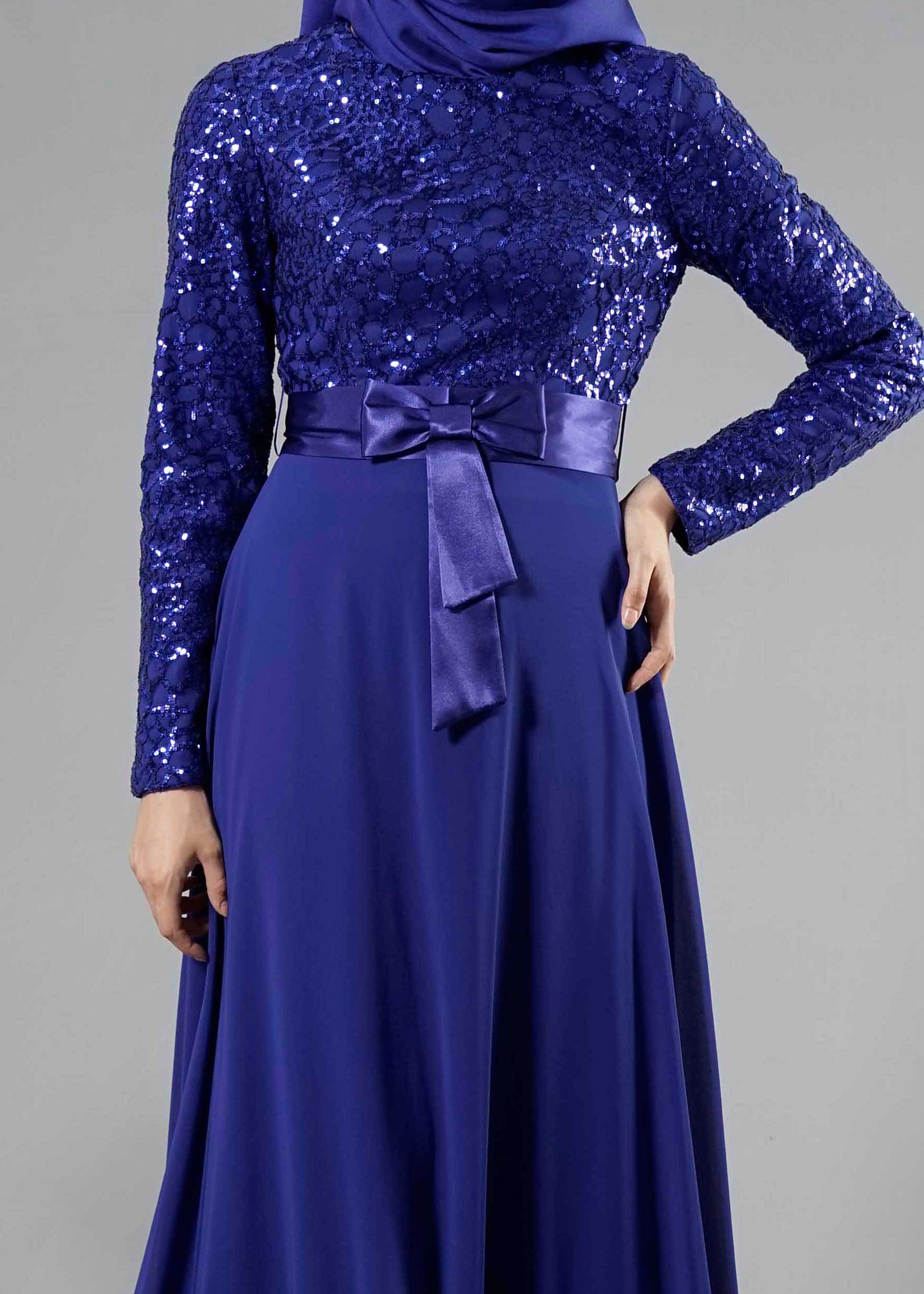 Tesettür giyim LACİVERT PUL PAYET İŞLEMELİ ABİYE ELBİSE 5251