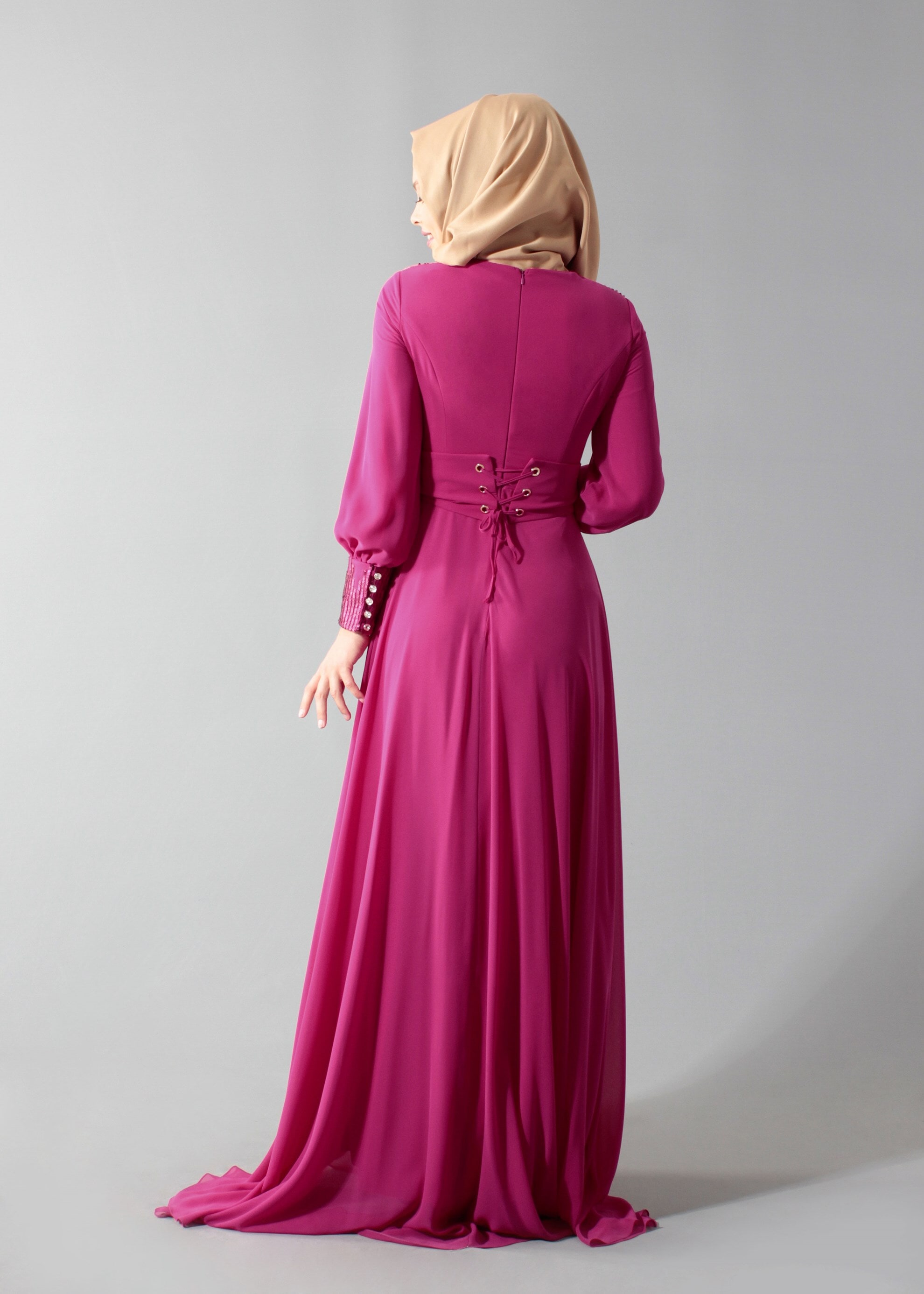 Tesettür giyim FUŞYA PUL PAYETLİ NAKIŞLI ABİYE ELBİSE 5252