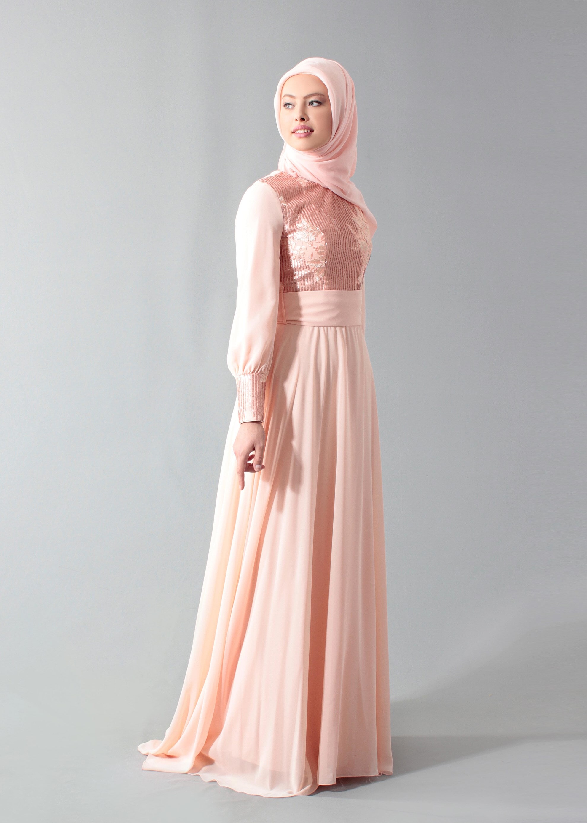 Tesettür giyim PUDRA PUL PAYETLİ NAKIŞLI ABİYE ELBİSE 5252