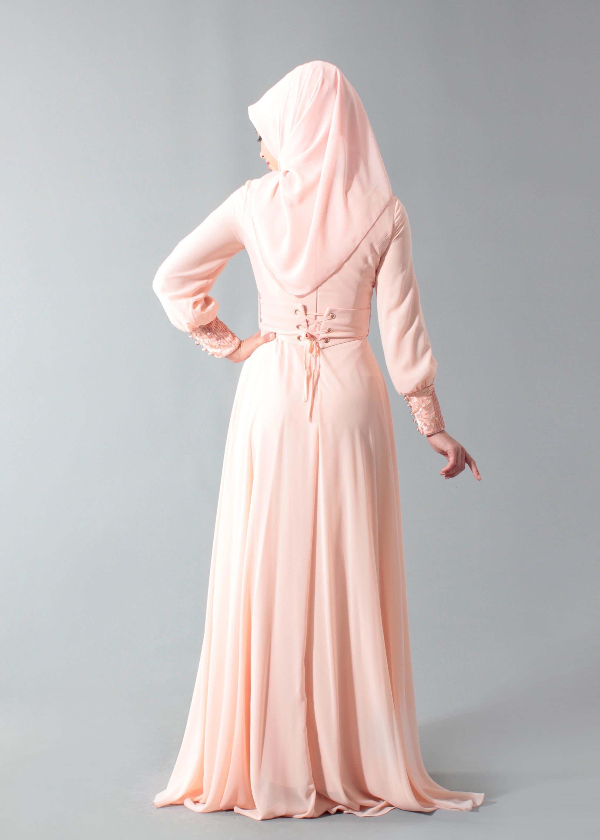 Tesettür giyim PUDRA PUL PAYETLİ NAKIŞLI ABİYE ELBİSE 5252