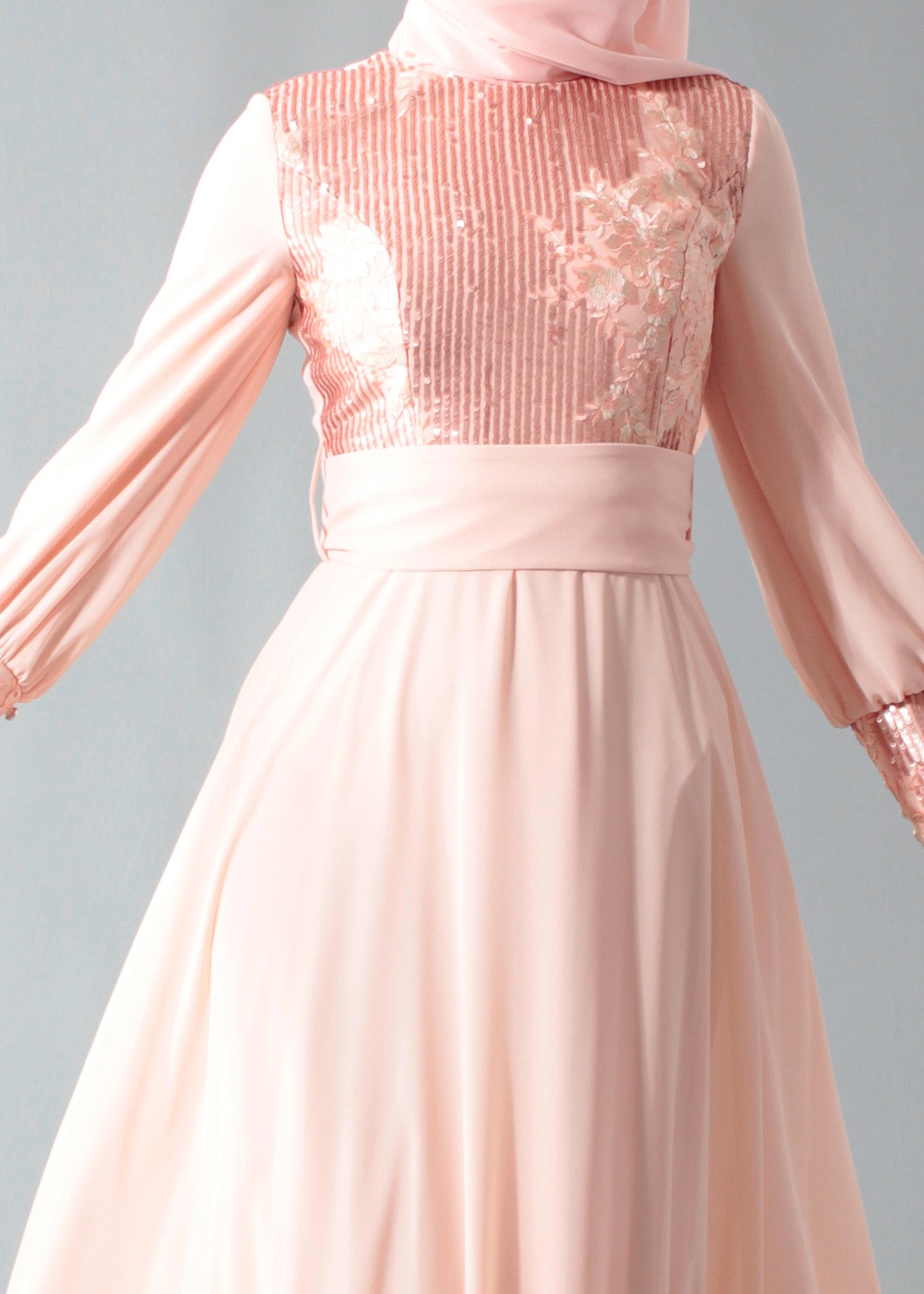 Tesettür giyim PUDRA PUL PAYETLİ NAKIŞLI ABİYE ELBİSE 5252