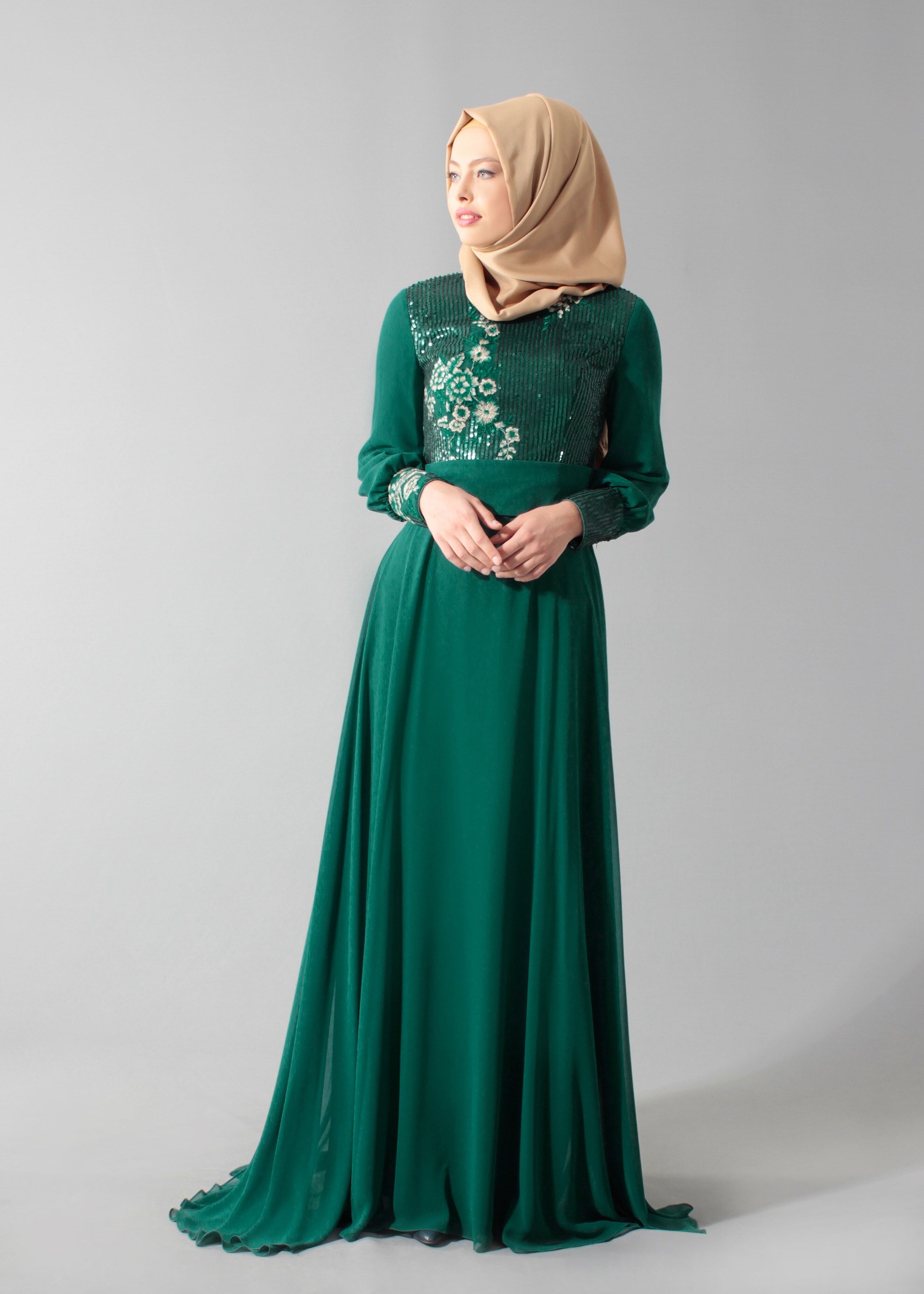 Tesettür giyim YEŞİL PUL PAYETLİ NAKIŞLI ABİYE ELBİSE 5252