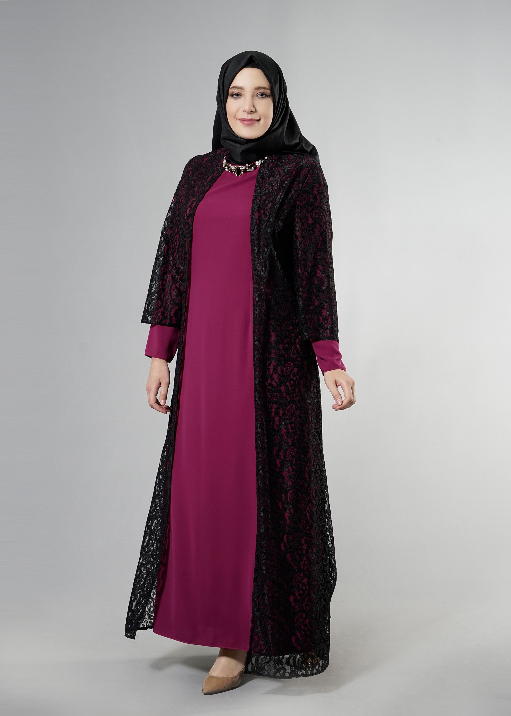 Tesettür giyim SİYAH 5253 Şal Kordone Tesettür Abiye 44/50 TEK46