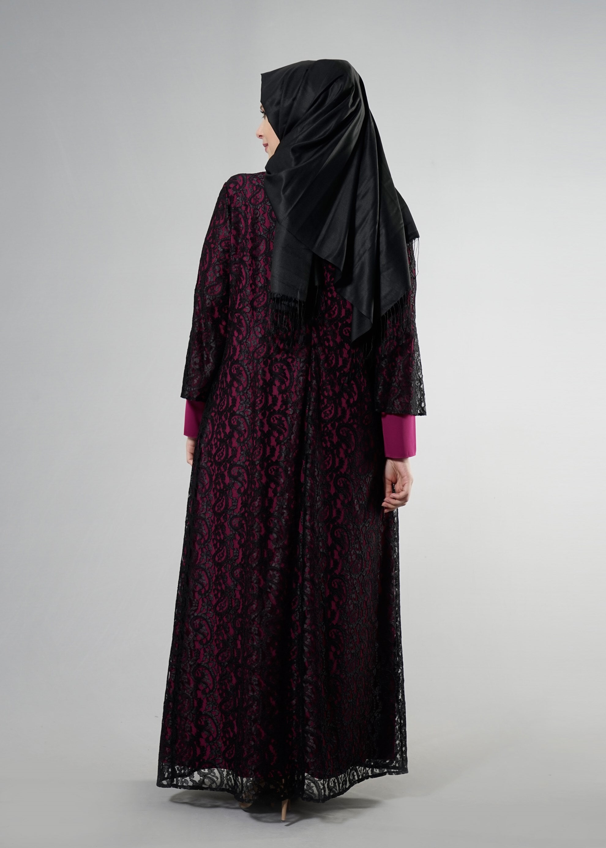 Tesettür giyim SİYAH 5253 Şal Kordone Tesettür Abiye 44/50 TEK46