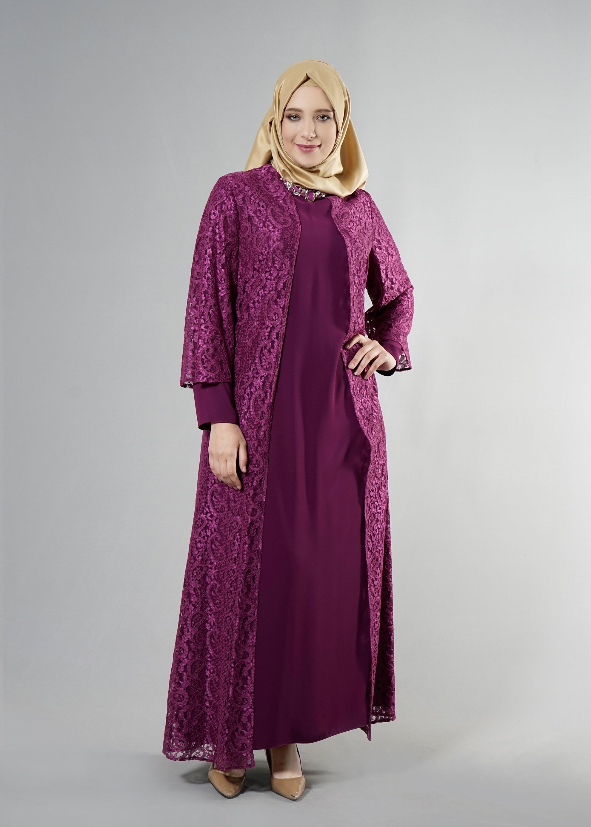 Tesettür giyim MOR 5253 Şal Kordone Tesettür Abiye 44/50 TEK46