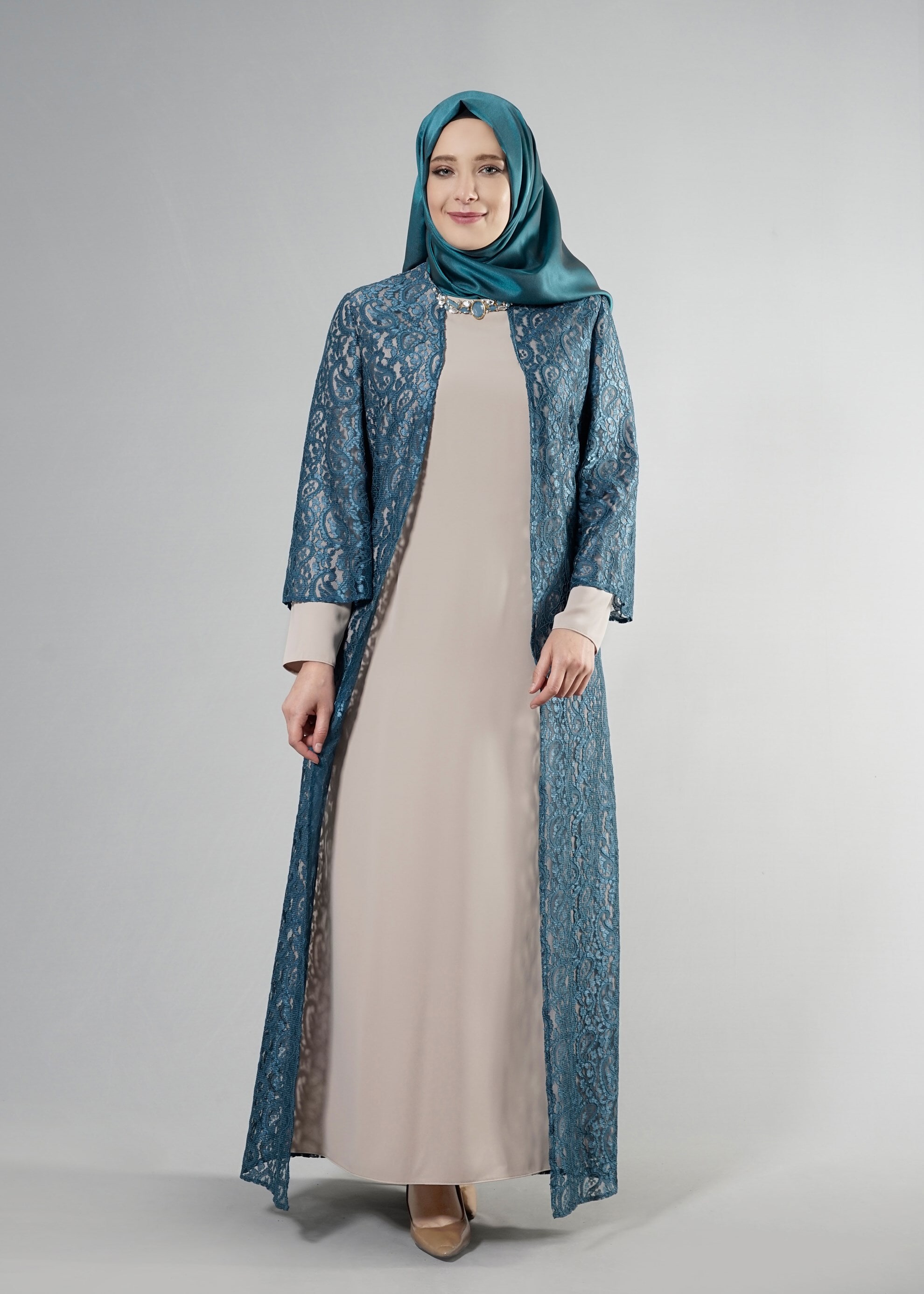 Tesettür giyim MAVİ 5253 Şal Kordone Tesettür Abiye 44/50 TEK46