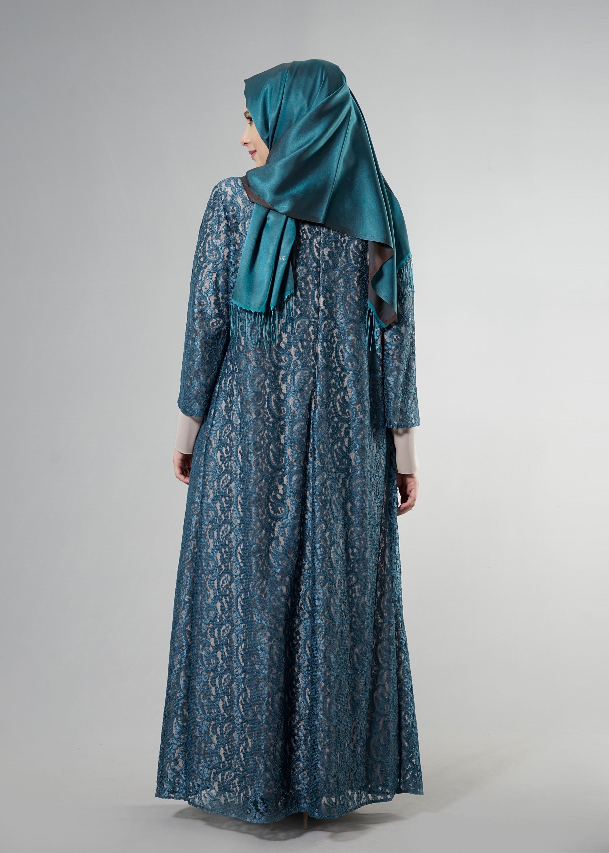 Tesettür giyim MAVİ 5253 Şal Kordone Tesettür Abiye 44/50 TEK46