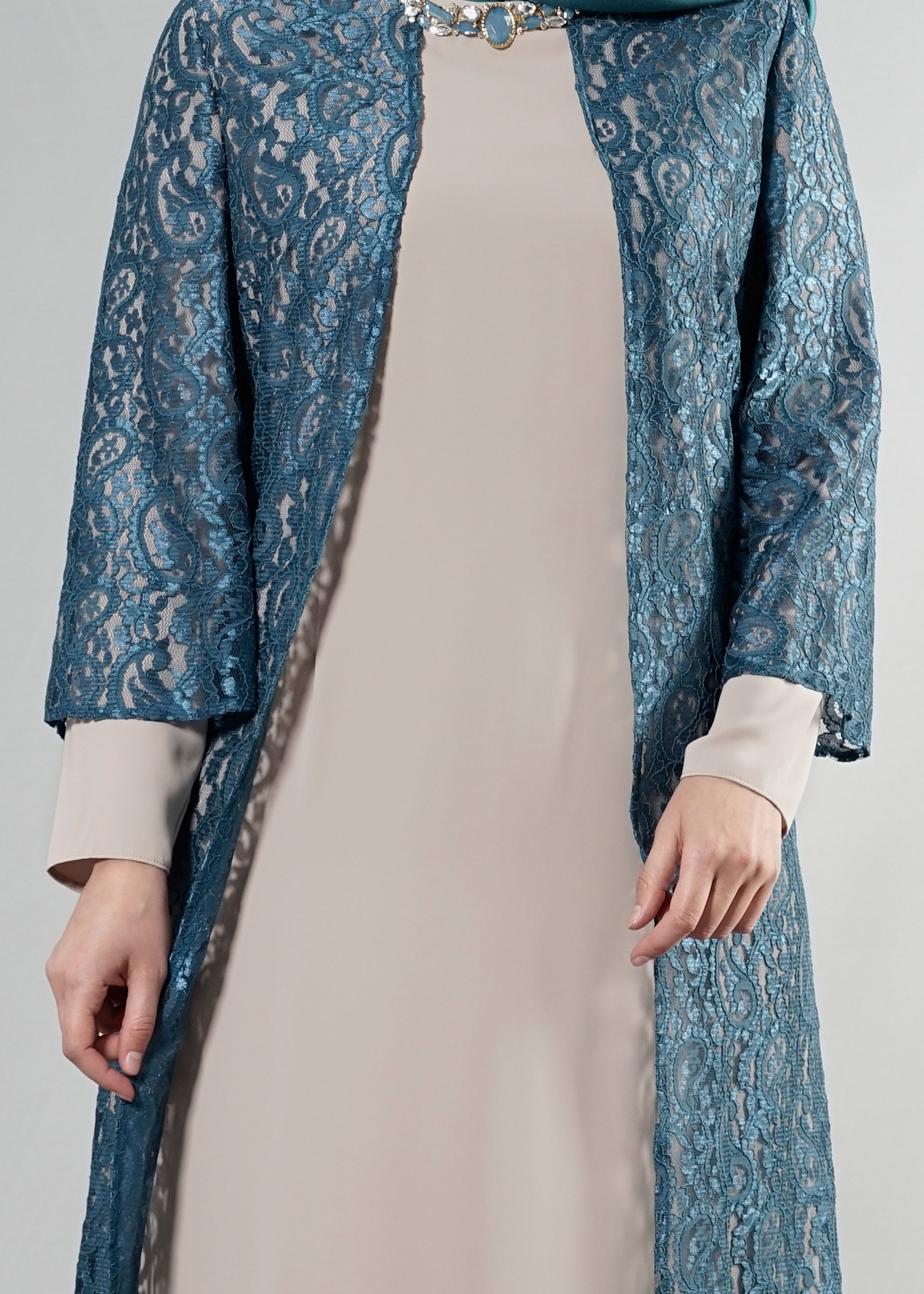 Tesettür giyim MAVİ 5253 Şal Kordone Tesettür Abiye 44/50 TEK46