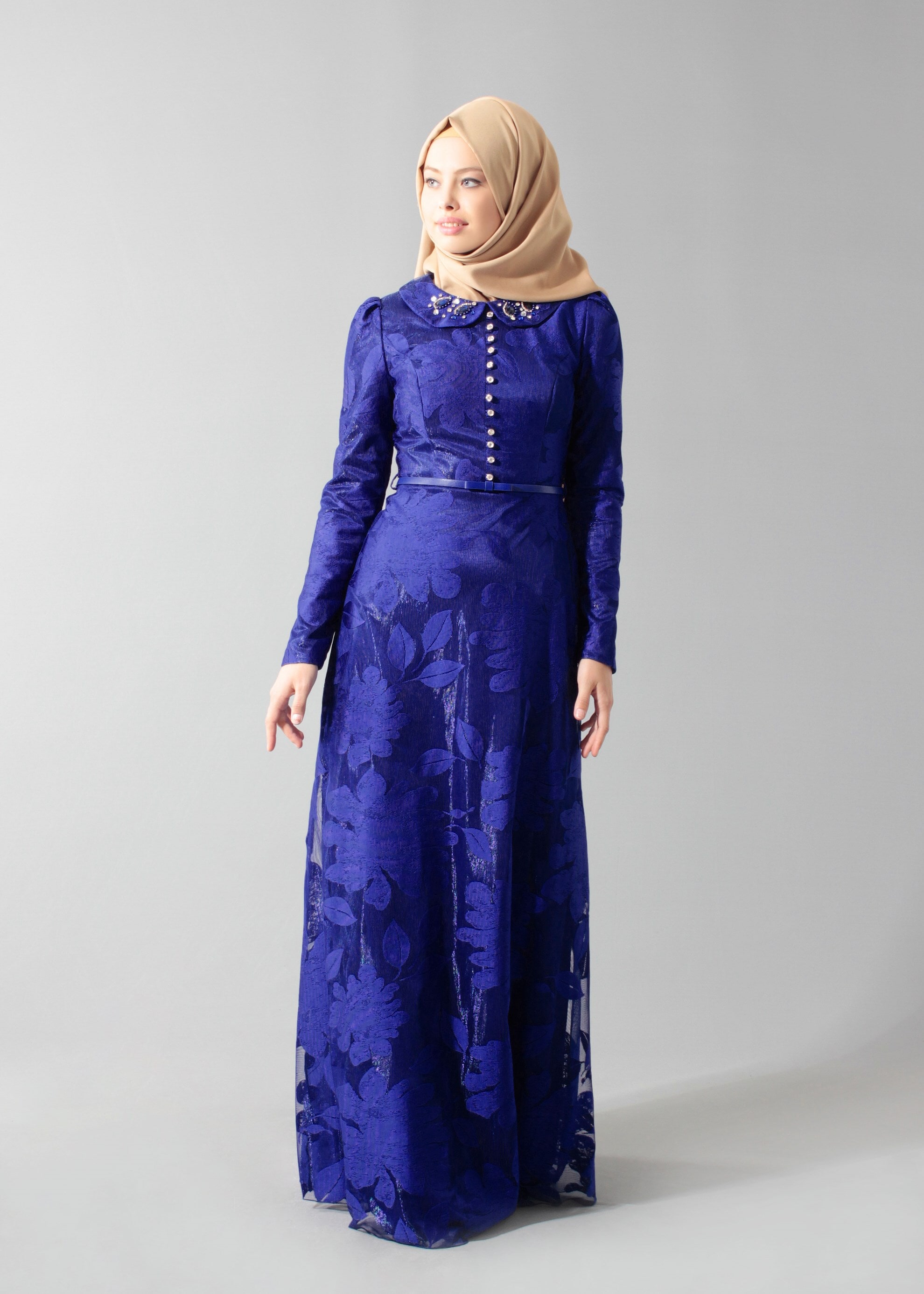 Tesettür giyim LACİVERT BEBE YAKA TAŞ İŞLEMELİ ABİYE ELBİSE 5259