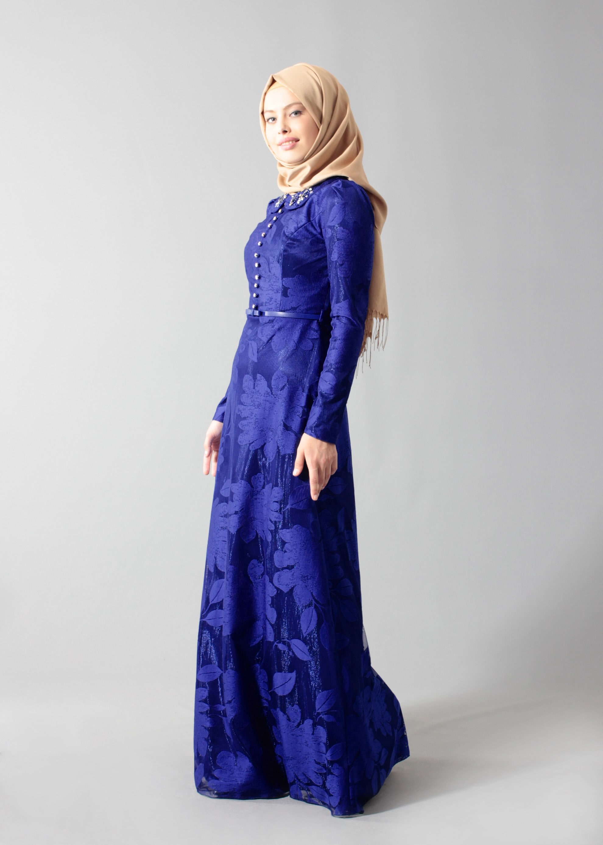 Tesettür giyim LACİVERT BEBE YAKA TAŞ İŞLEMELİ ABİYE ELBİSE 5259