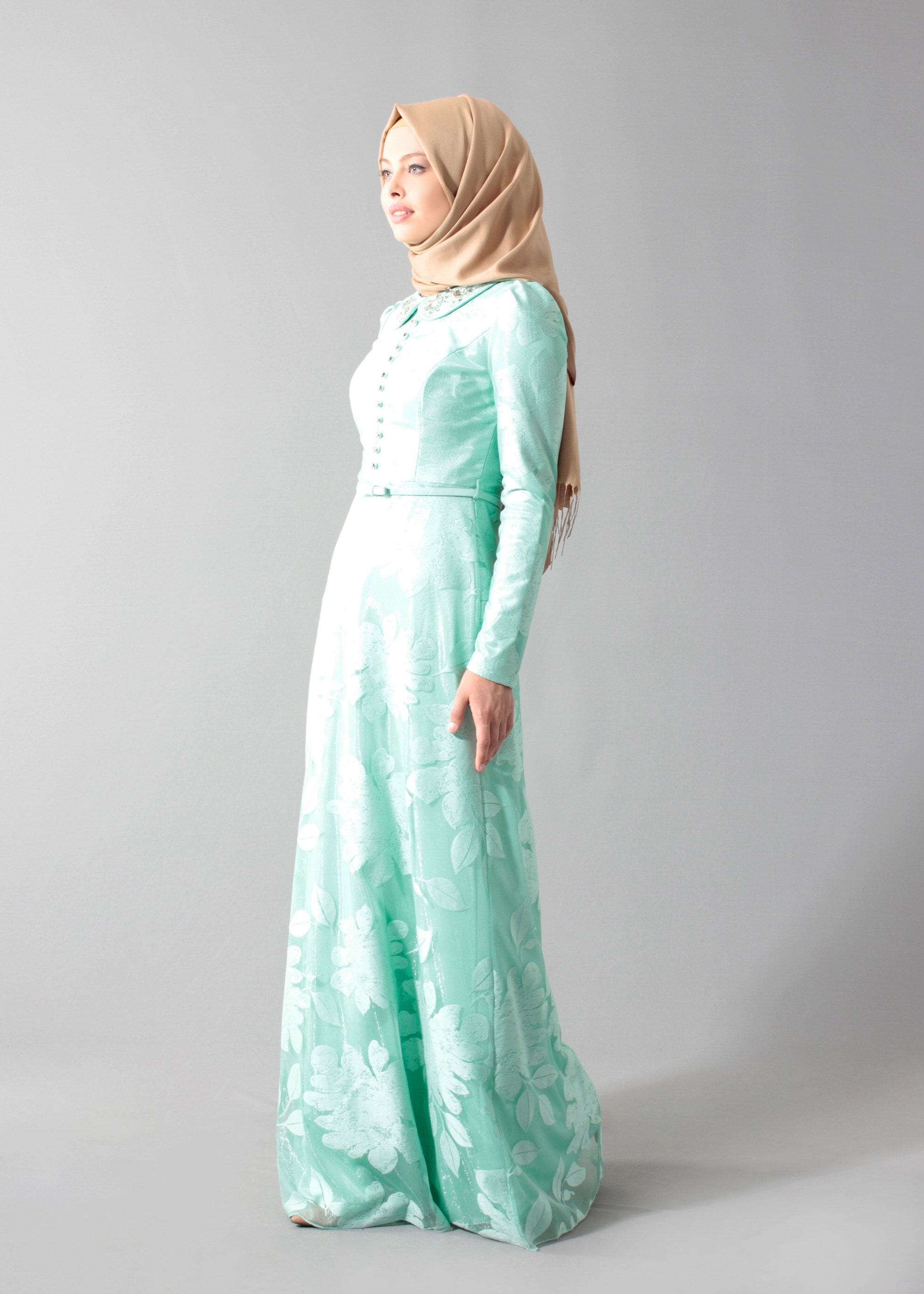 Tesettür giyim MAVİ BEBE YAKA TAŞ İŞLEMELİ ABİYE ELBİSE 5259